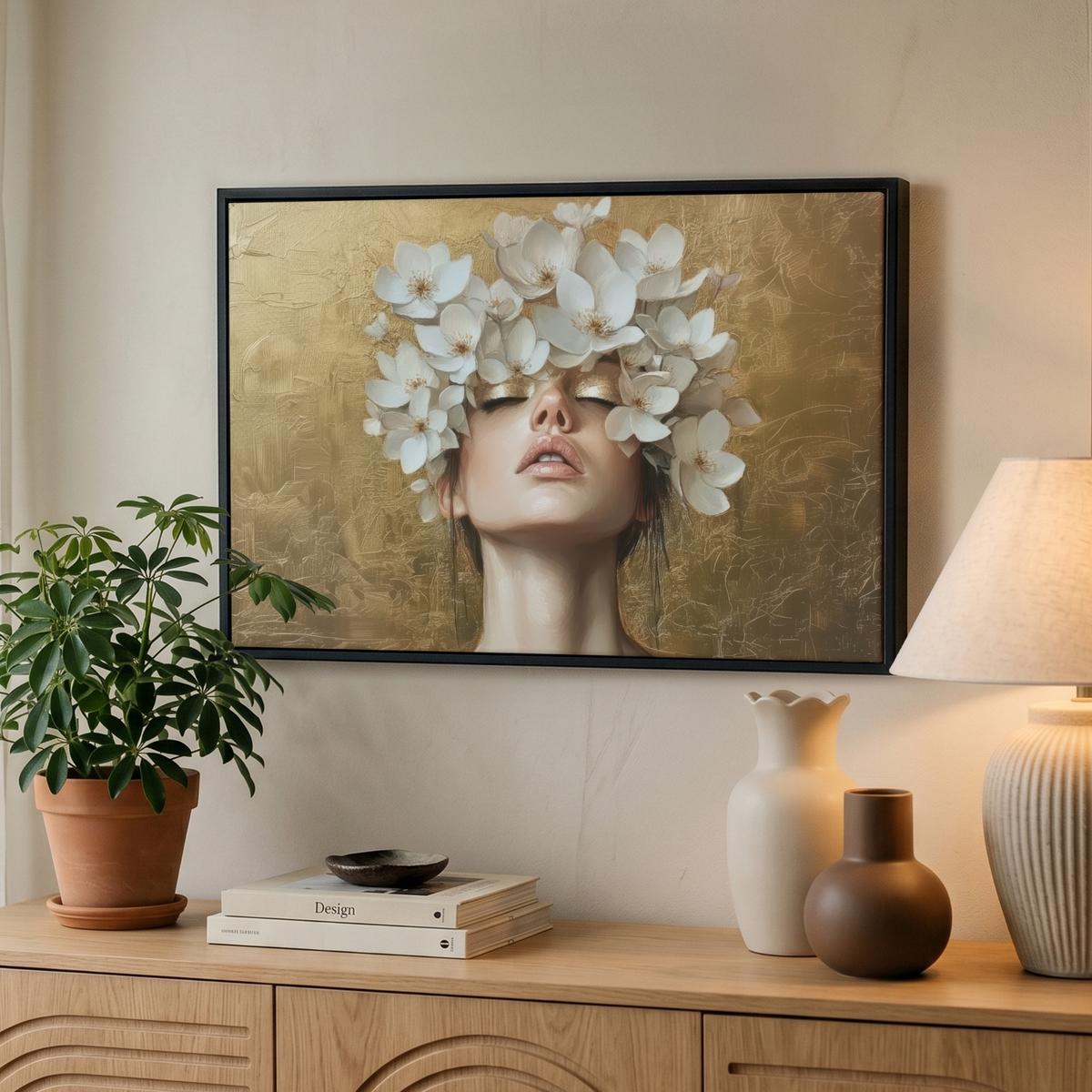 LEINWAND Bilder mit Rahmen - Gesicht - Blumen - Gold - Abstrakt - 60x40 - Goldfarben, Textil (60/40cm) - MuchoWow