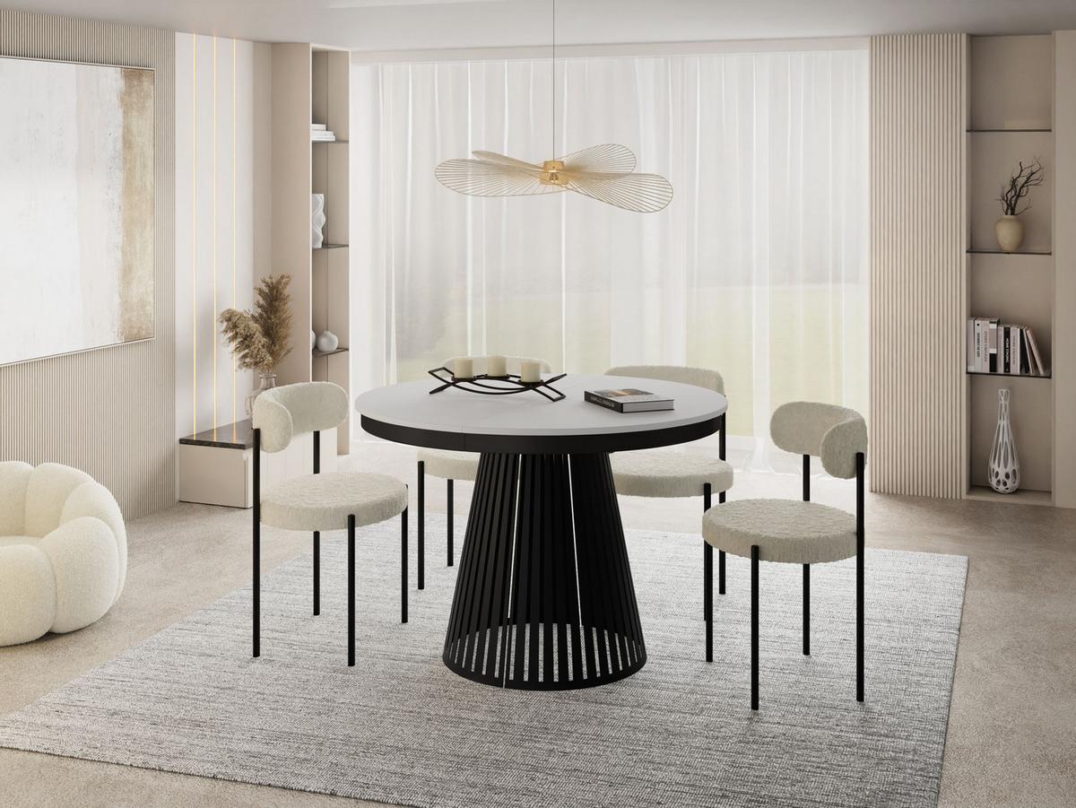 ESSTISCH Naro rund ausziehbar mit Schwarzem Lamellen-Metallgestell, Weiß 120-200/120/76 cm - Schwarz/Weiß, Holzwerkstoff/Metall (120/196/76cm) - WFL GROUP