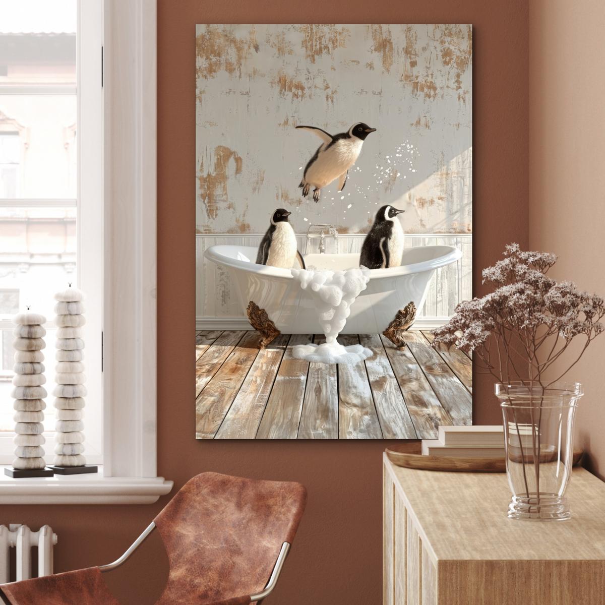 METALLBILD Vintage - Pinguin - Badewanne - Schaumstoff 80x120 cm - Schwarz, Metall (80/120cm) - MuchoWow