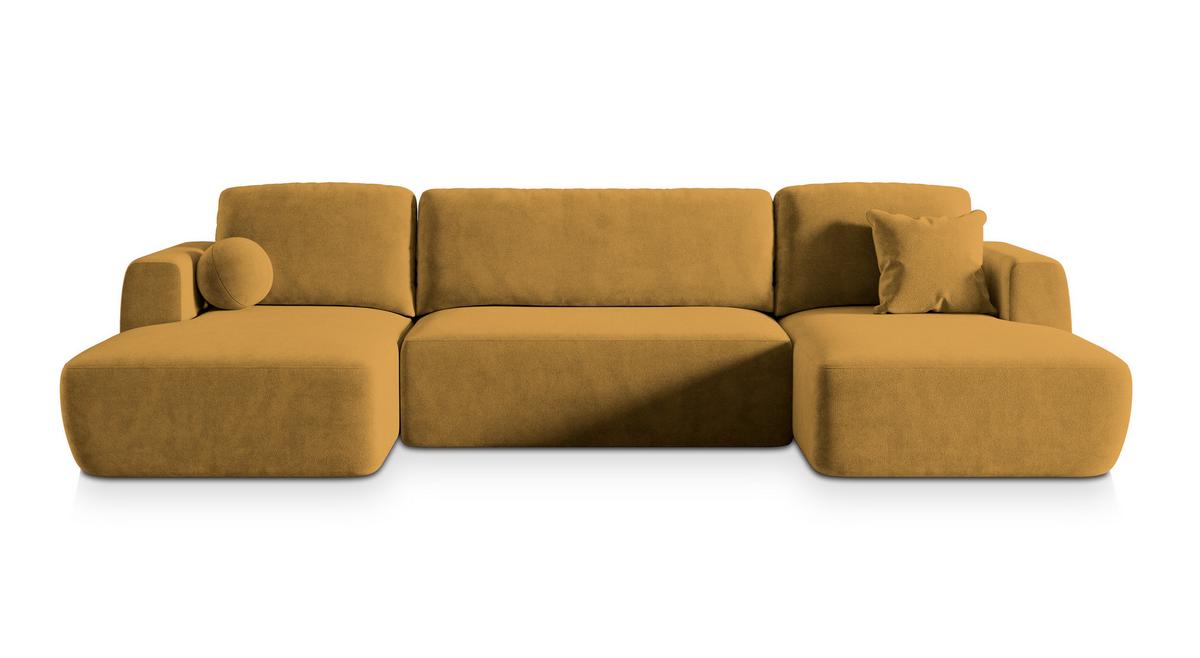 WOHNLANDSCHAFT SENTUM K Gelb Plüsch-Stoff mit Schlaffunktion - Gelb/Schwarz, Holz/Kunststoff (330/90/148cm) - MASSENO