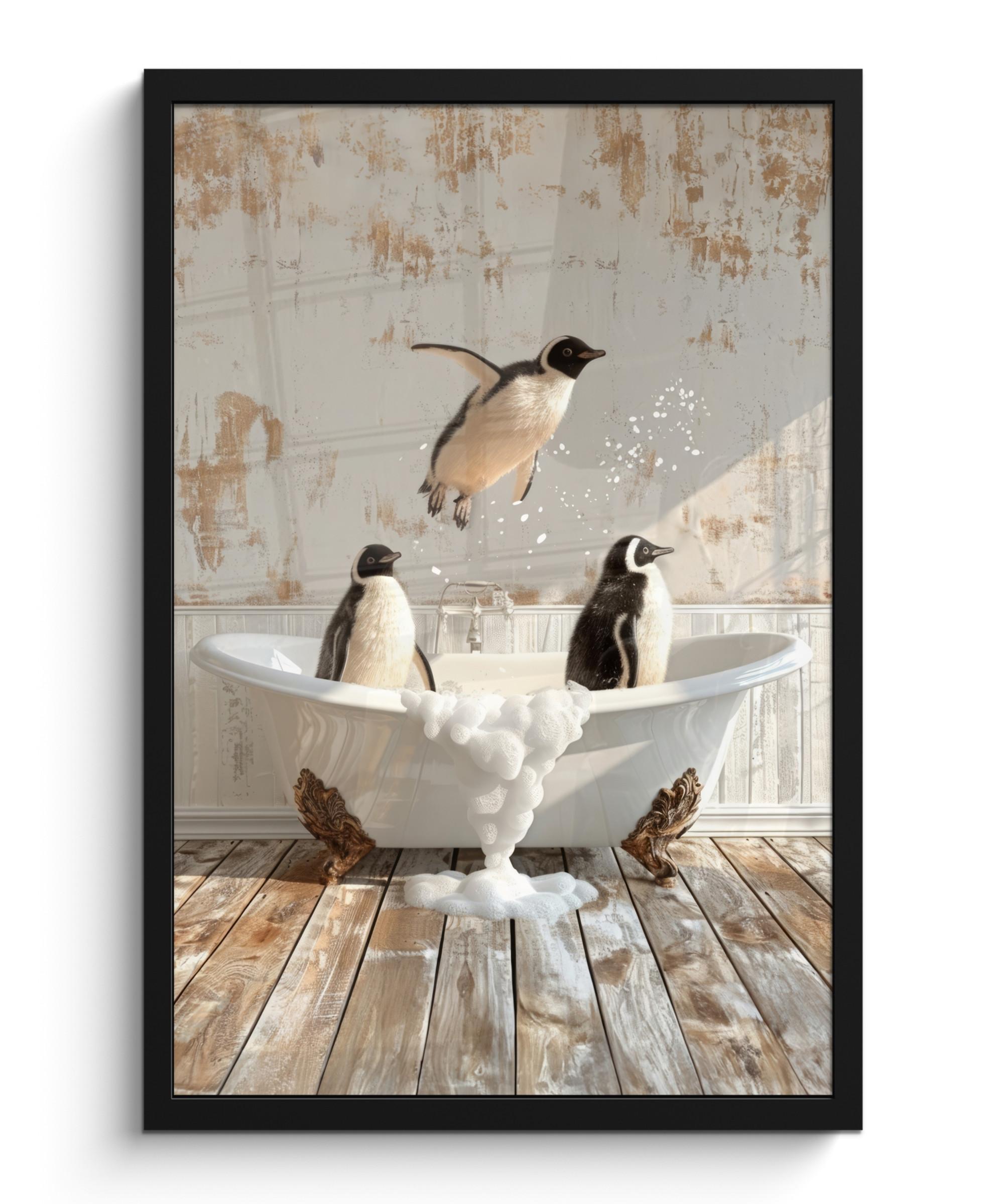 POSTER MIT RAHMEN Vintage - Pinguin - Badewanne - Schaumstoff Bilder mit Rahmen 40x60 cm - Schwarz, Papier (40/60cm) - MuchoWow