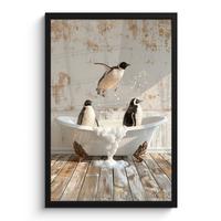 POSTER MIT RAHMEN Vintage - Pinguin - Badewanne - Schaumstoff Bilder mit Rahmen 40x60 cm - Schwarz, Papier (40/60cm) - MuchoWow
