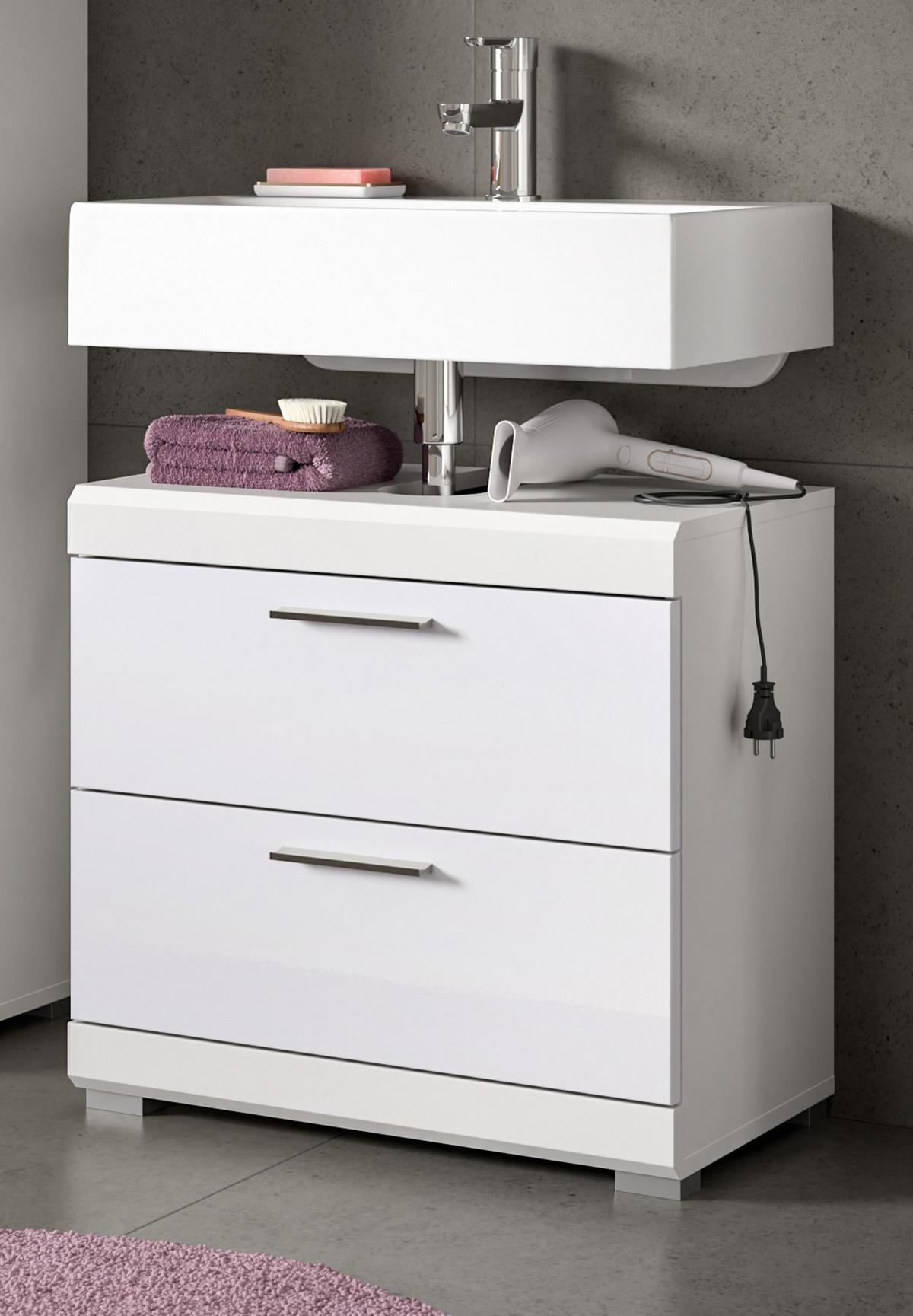 WASCHBECKENUNTERSCHRANK weiß Hochglanz 60 cm mit Vollauszug Schubkästen - Weiß Hochglanz/Silberfarben, Holzwerkstoff/Kunststoff (60/56/37cm) - Inn.Furn