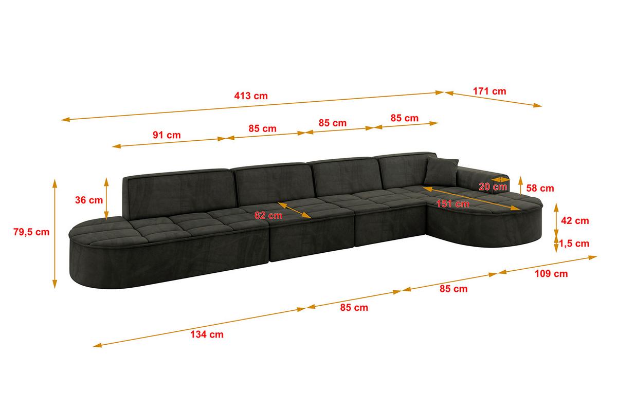 ECKSOFA Ottomane Rechts TARO-L3 - 413x171x79,5 cm Schwarz - Schwarz, Holzwerkstoff/Textil (413/171cm) - ALTDECOR