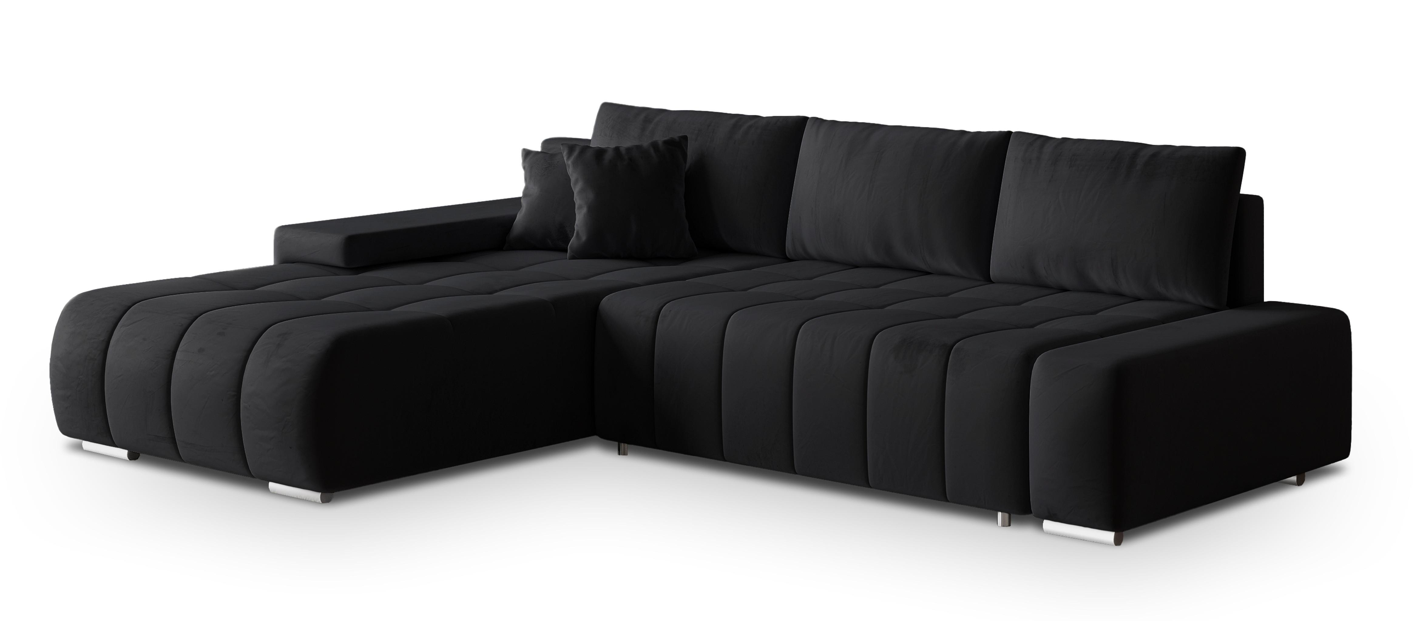 ECKSOFA ALESE L-S Schwarz Velours-Stoff mit Schlaffunktion - Silberfarben/Schwarz, Holz/Textil (265/185cm) - MASSENO