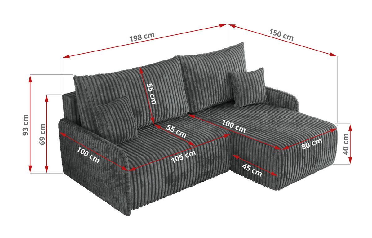 ECKSCHLAFSOFA ARPA L Dunkelgrau Cord - links - Dunkelgrau/Schwarz, Kunststoff/Textil (198/150cm) - MKS