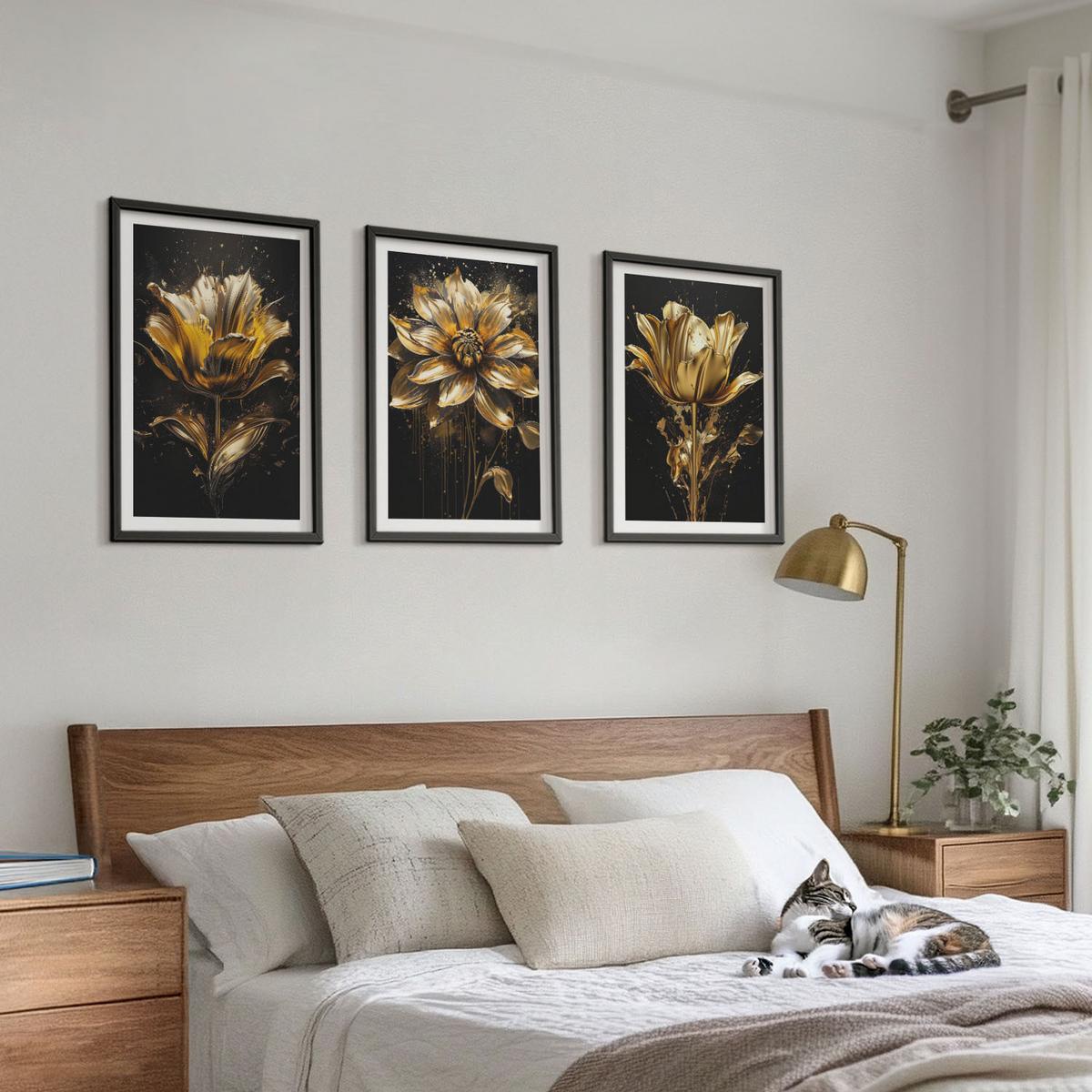 BILDER SET 3er Set - 40x60 cm Schwarzer Rahmen - Gelbe Blüten auf dunklem Hintergrund - Schwarz, Kunststoff (40/60cm) - TULUP