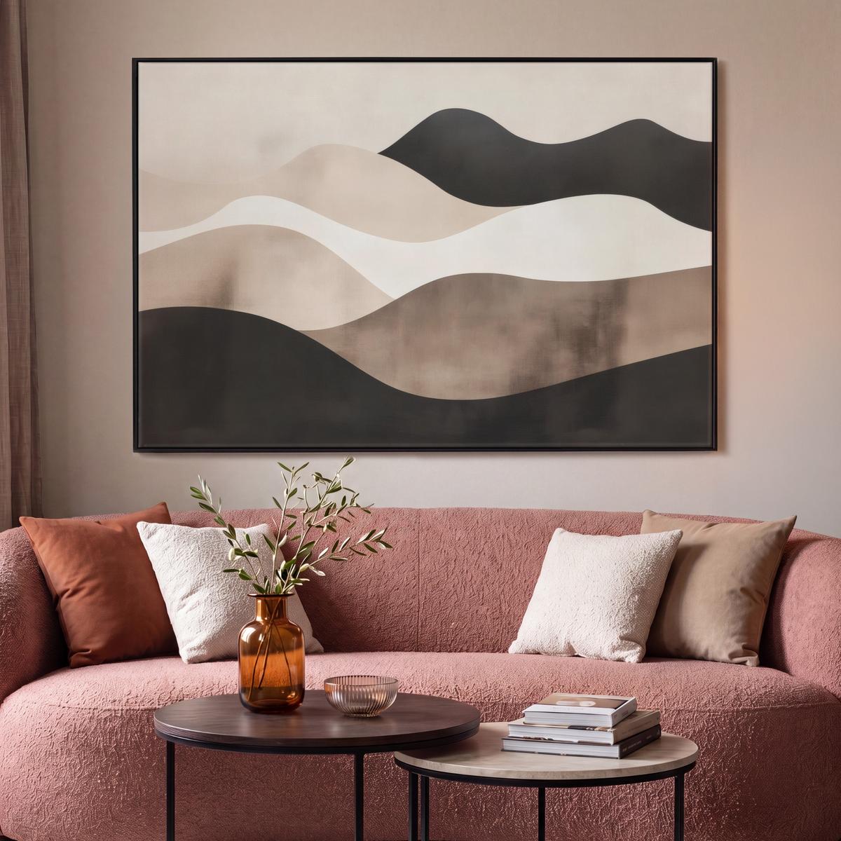 LEINWAND Bilder mit Rahmen - Abstrakt - Landschaft - Wellen - Cremefarben - 140x90 - Cappuccino, Textil (140/90cm) - MuchoWow