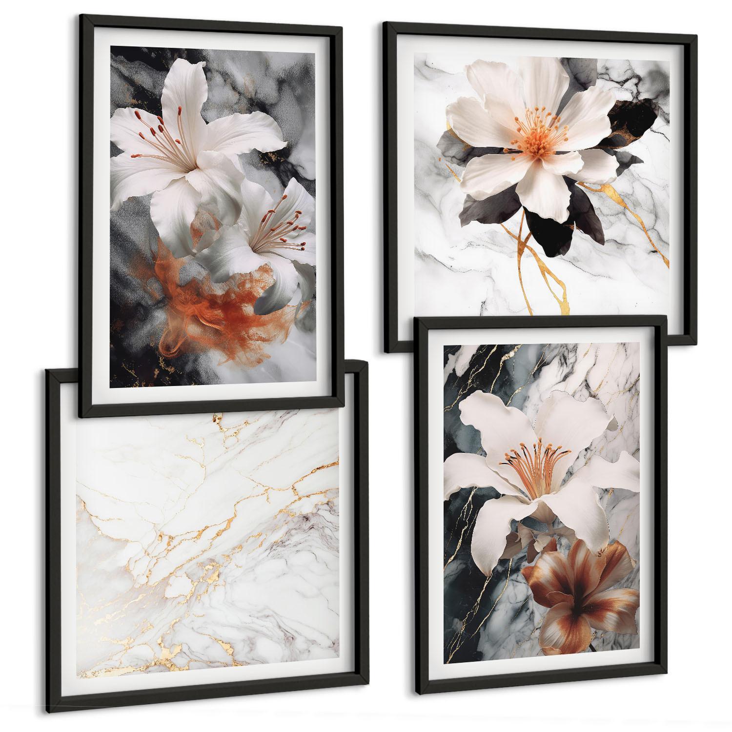BILDER SET 4er Set - 50x50 cm & 40x60 cm Schwarzer Rahmen - Blumen Marmor weiß schwarz - Schwarz, Kunststoff (50/50cm) - TULUP