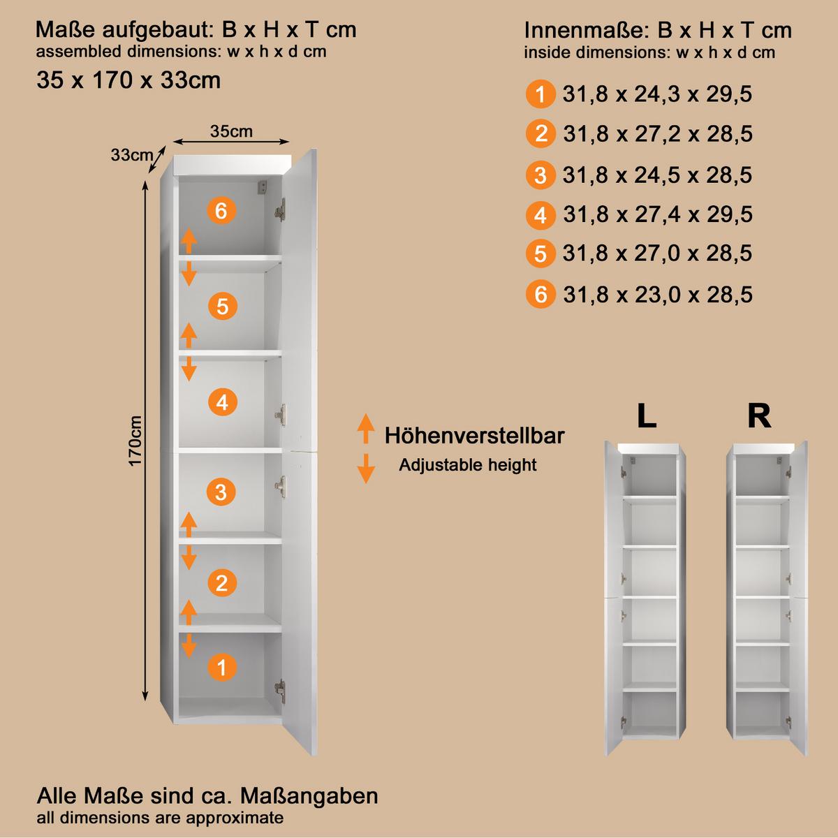 HOCHSCHRANK weiß Hochglanz 35 x 170 cm, Badschrank hängend - Weiß Hochglanz/Silberfarben, Holzwerkstoff/Kunststoff (35/170/33cm) - Top.Furn