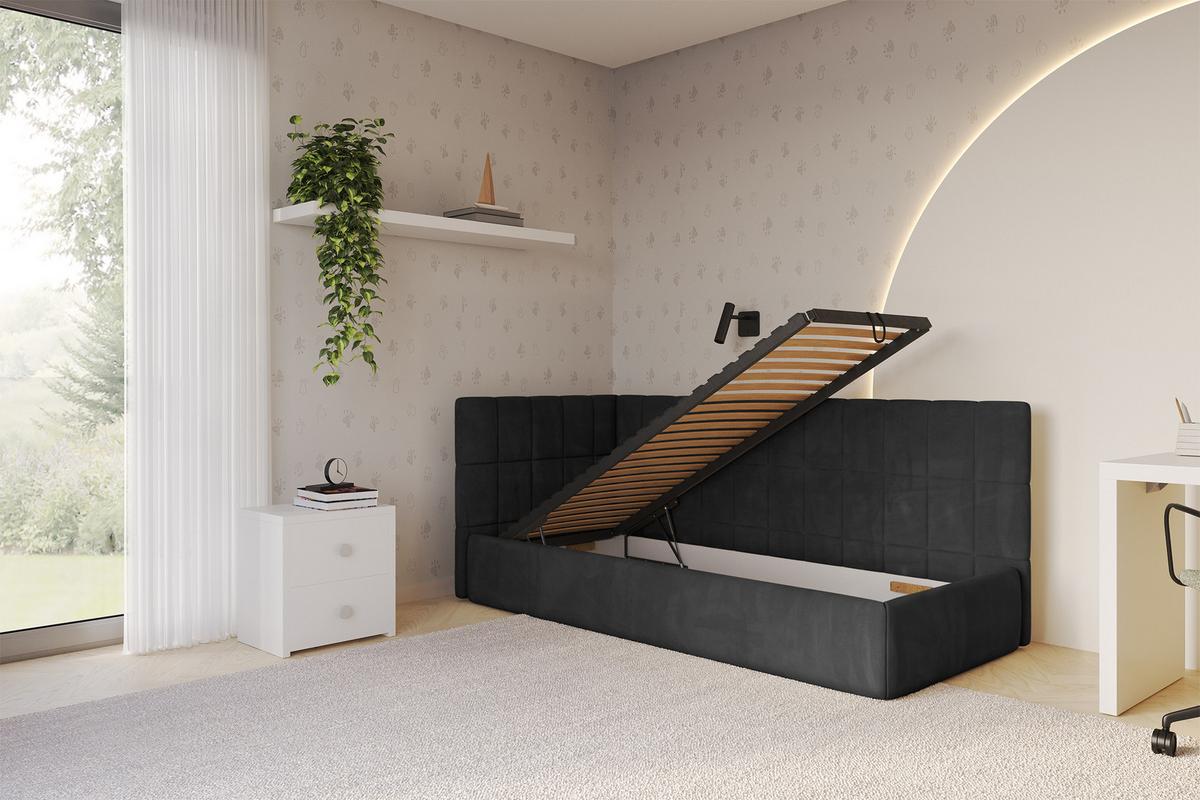 EINZELLBETT Jugendbett mit Bettkasten, Rechts - TULY 80x200 Schwarz - Anthrazit, Holzwerkstoff/Textil (80/200cm) - ALTDECOR