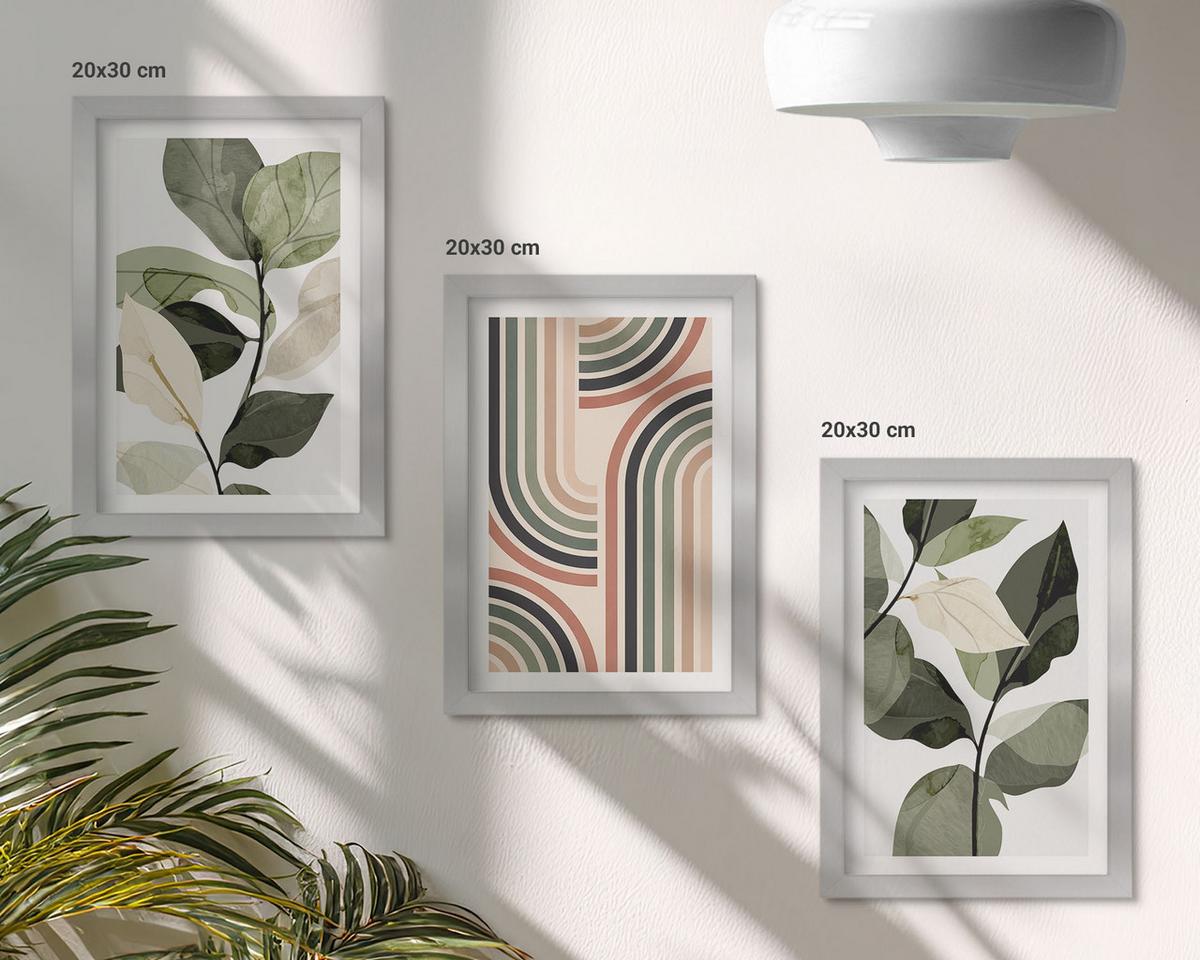 BILDER SET 3er Set - 20x30 cm Silberner Rahmen - Geometrische Pflanzenmotive - Silberfarben, Kunststoff (20/30cm) - TULUP
