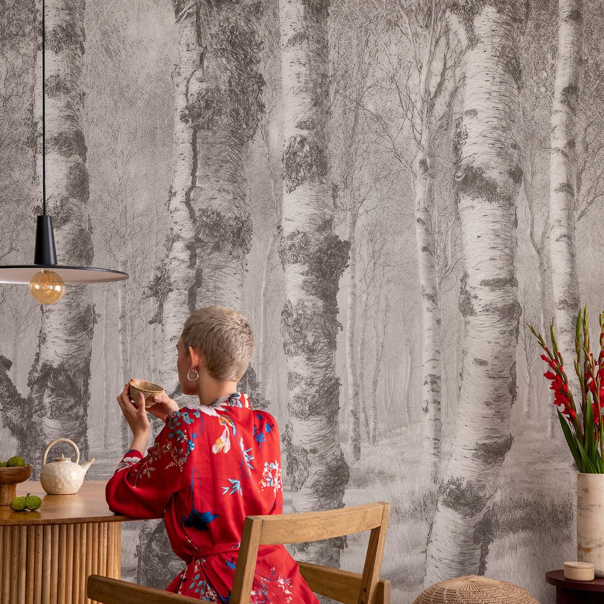 FOTOTAPETE 152x104 cm - Birkenwald - Schwarz, Textil (152/104cm) - Wallfluent