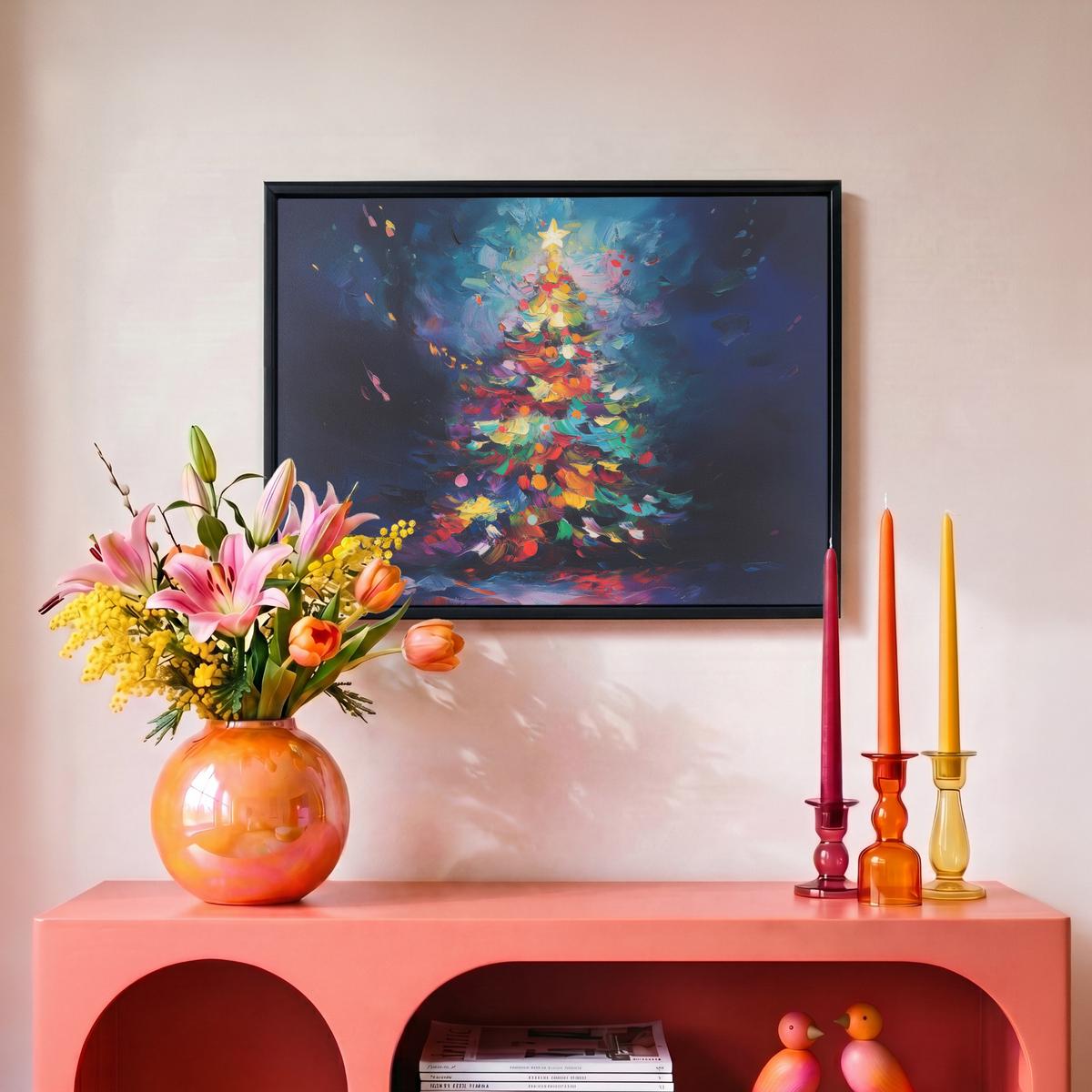 LEINWAND Bilder mit Rahmen - Weihnachtsbaum - Weihnachten - Abstrakt - Farbenfroh - 40x30 - Multicolor, Textil (40/30cm) - MuchoWow