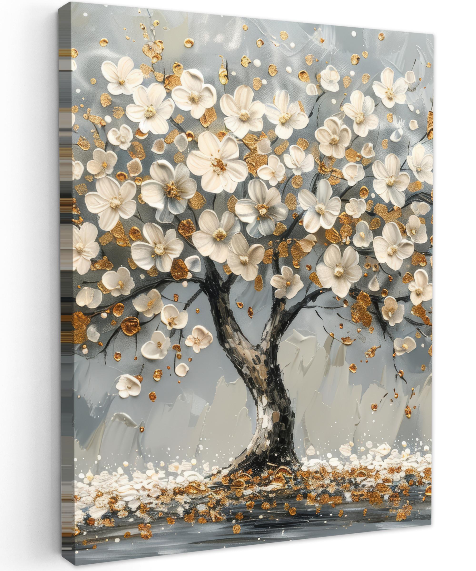 LEINWANDBILD Baum - Blumen - Weiß - Natur - Kunst Wandbild Wohnzimmer 60x80 cm - Weiß, Textil (60/80cm) - MuchoWow