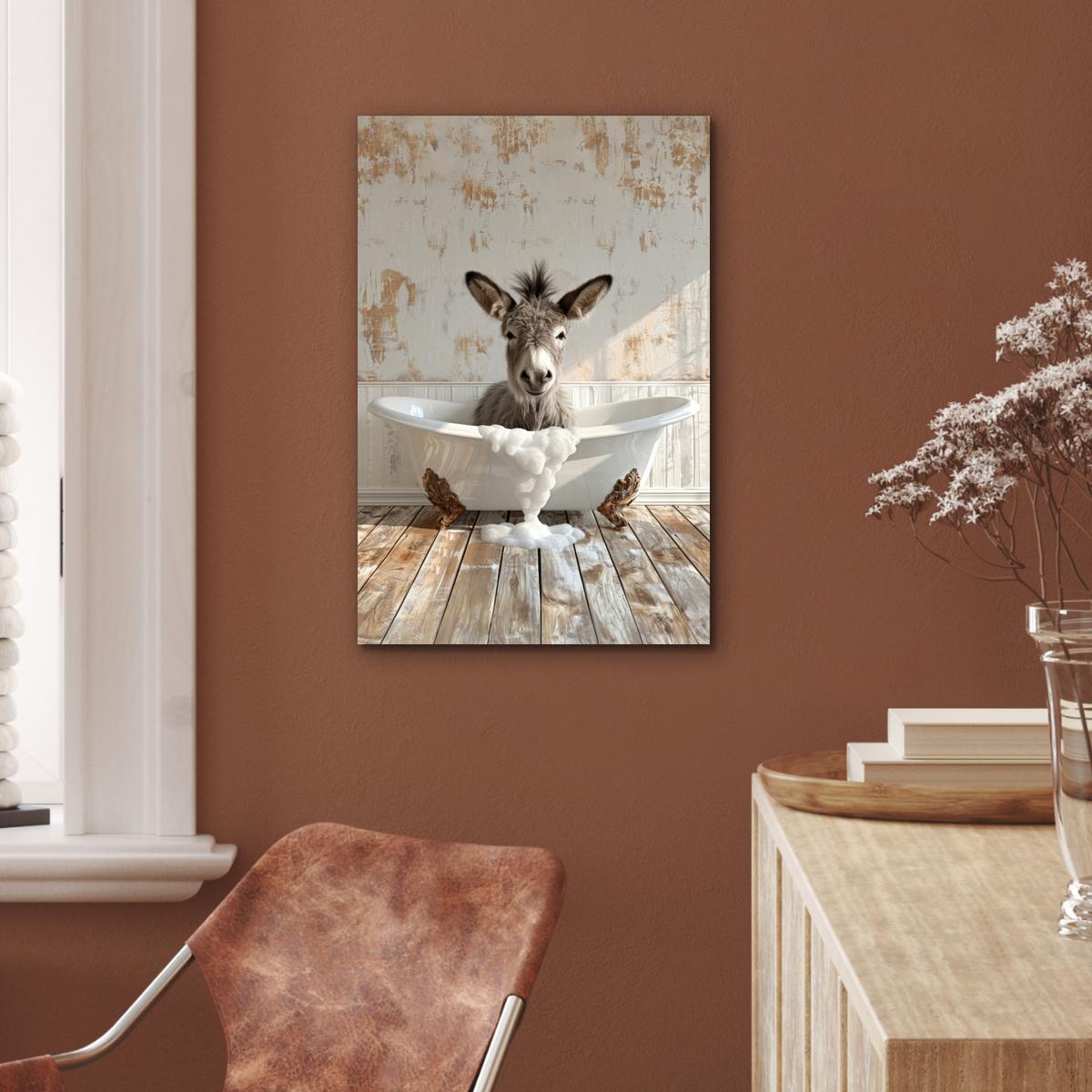 METALLBILD Esel - Tiere - Badewanne - Schaumstoff Deko Schlafzimmer 40x60 cm - Weiß, Metall (40/60cm) - MuchoWow