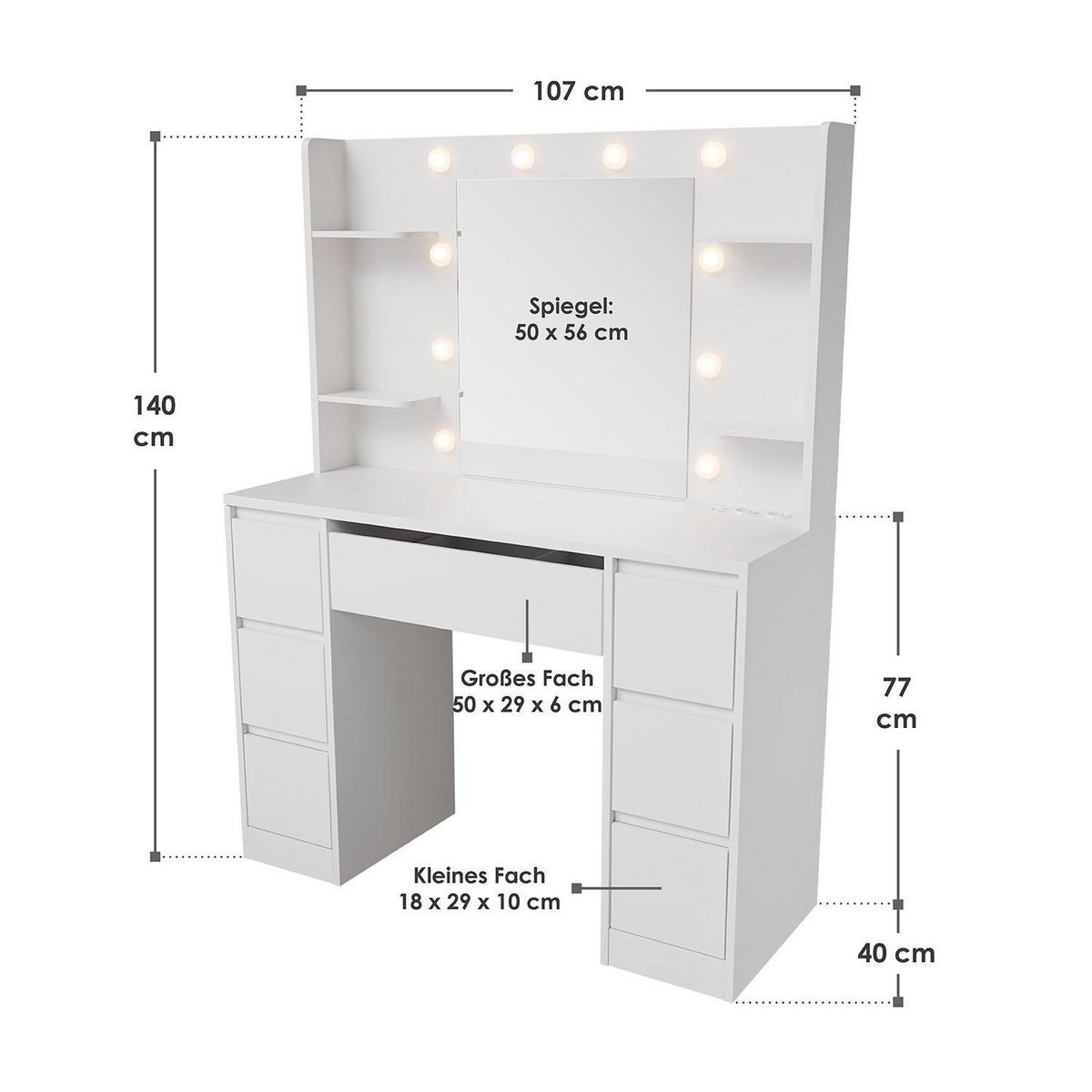 SCHMINKTISCH Malia mit LED - Weiß, Holz (107/140/40cm) - Juskys