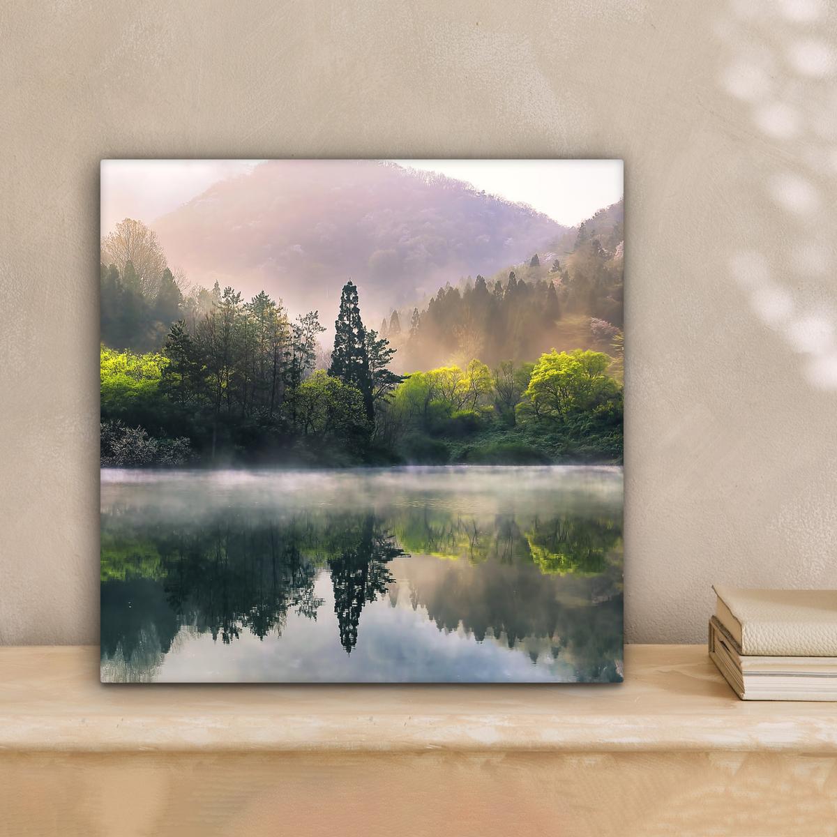 LEINWANDBILD Natur - Bäume - Berge - See - Wasser Deko Wohnzimmer 20x20 cm - Hellgrün, Textil (20/20cm) - MuchoWow