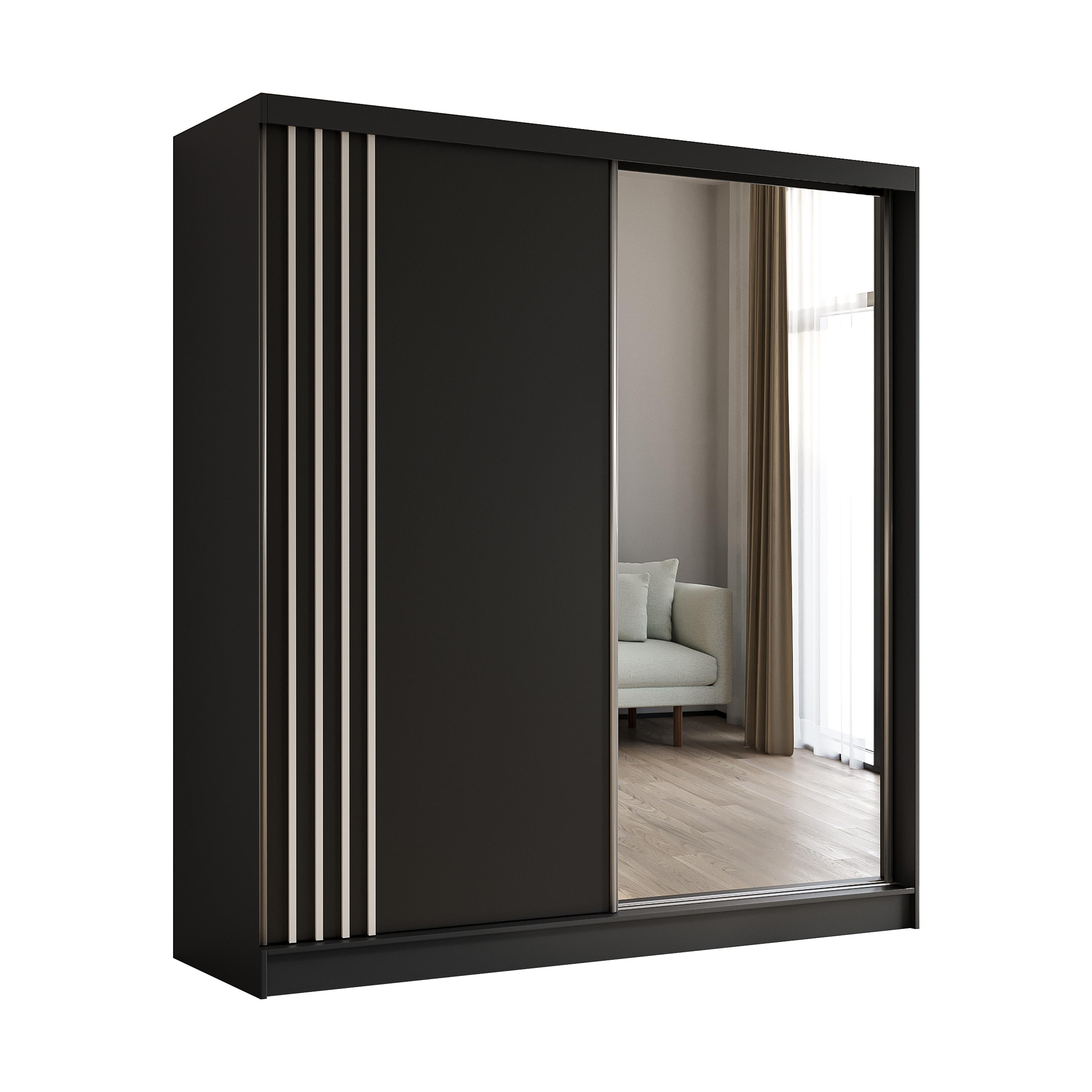 KLEIDERSCHRANK mit Spiegel-Schiebetüren und Aluminium-Leisten, LED-Beleuchtung - NALLA - 200 cm Schwarz+Schwarz+Weiß - Schwarz/Weiß, Holzwerkstoff (200/216/61cm) - ALTDECOR