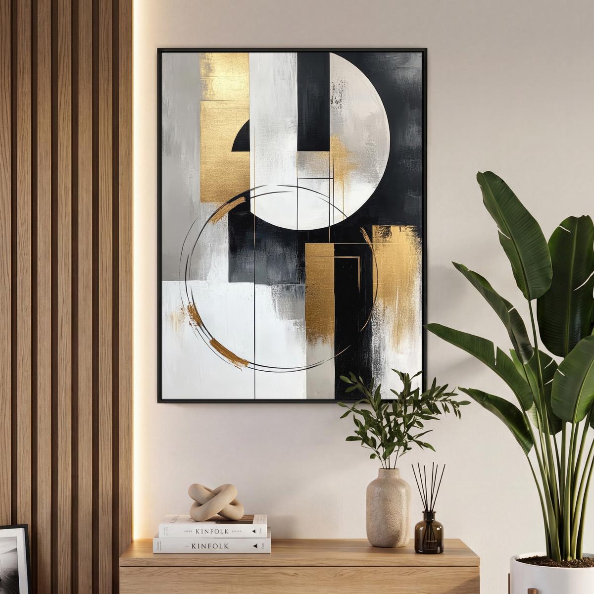 LEINWAND Bilder mit Rahmen - Abstrakt - Gold - Silber - Formen - Ästhetik - 70x100 - Multicolor, Textil (70/100cm) - MuchoWow