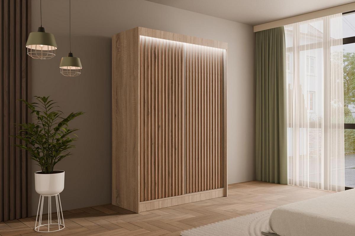 KLEIDERSCHRANK mit LED, Lamel-Schiebetüren VILANv2 - 120 cm Sonoma Eiche + Sonoma Eiche + Lamelle Eiche Wotan - Eiche Wotan/Sonoma Eiche, Holzwerkstoff (120/215/61cm) - ALTDECOR