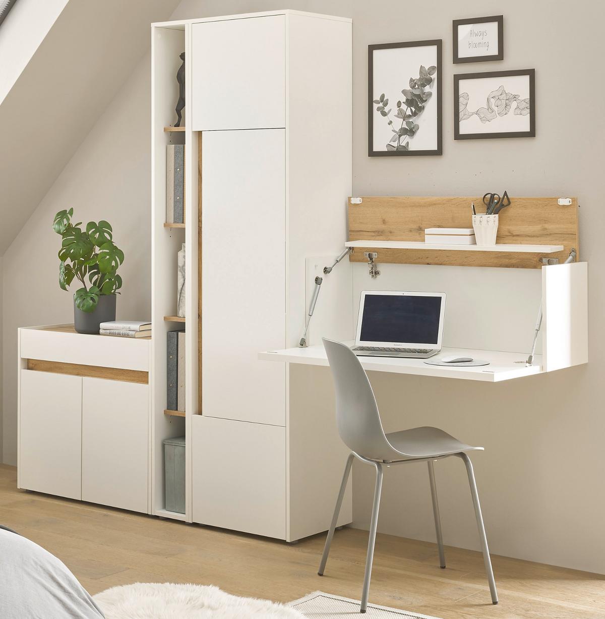 AKTENSCHRANK Set 4-teilig weiß matt, Eiche Wotan 250 cm, Büromöbelkombination mit Sekretär - Eichefarben/Eiche Wotan, Holzwerkstoff/Kunststoff (250/200/40cm) - Furn.Design
