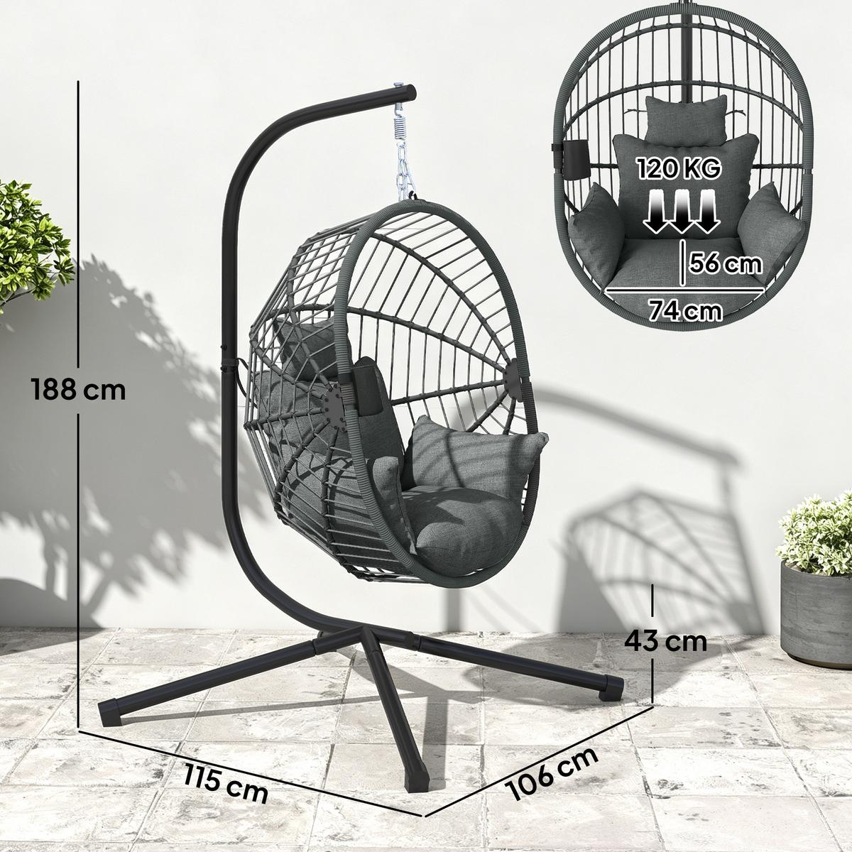 HÄNGESESSEL, Stahl, Polyester, Grau - Grau, Metall (106/188/120cm) - Outsunny