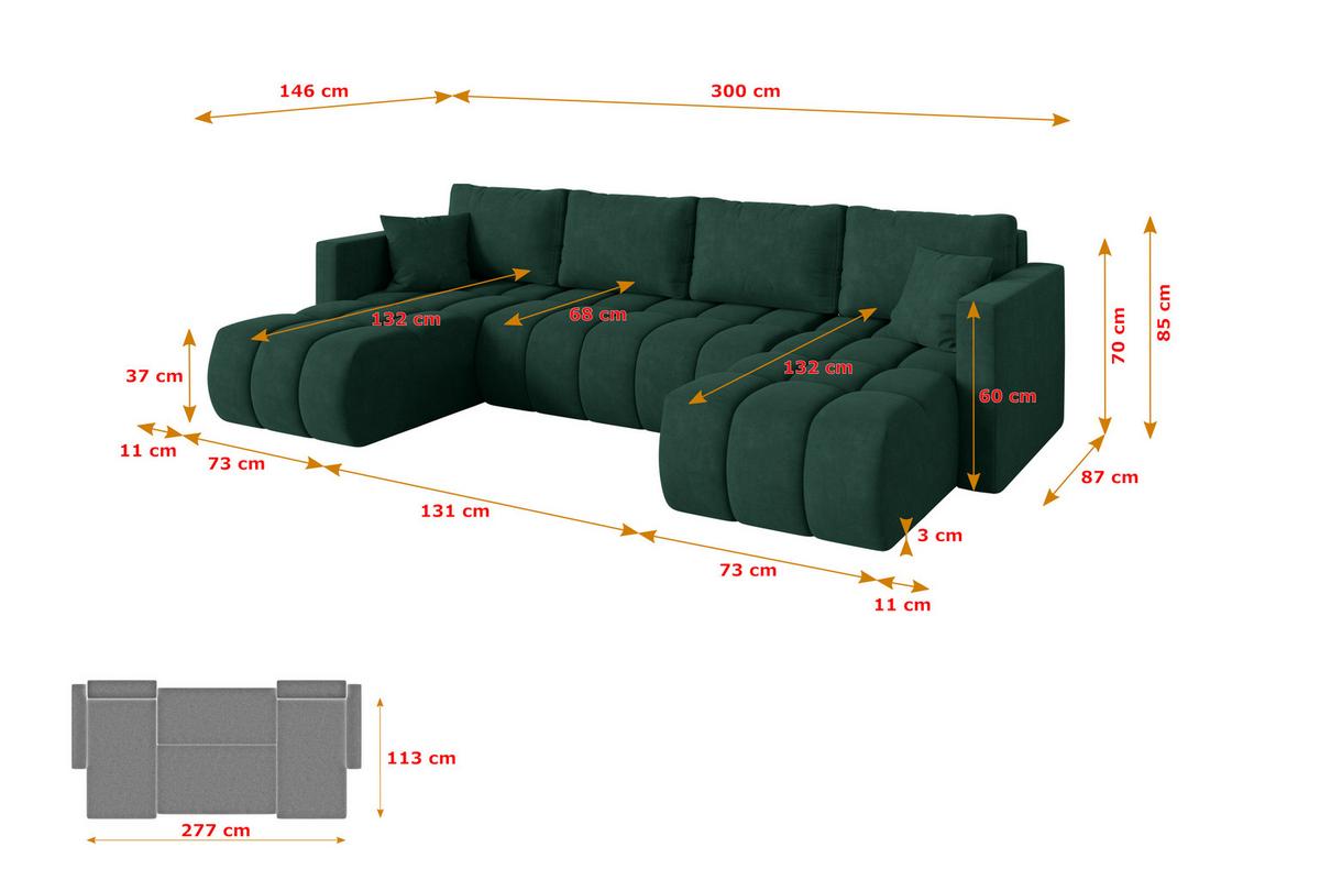 WOHNLANDSCHAFT mit Schlaffunktion und Bettkasten GARD-U 300x146x85 Grün Velours - Schwarz/Grün, Holzwerkstoff/Kunststoff (300/85/146cm) - ALTDECOR
