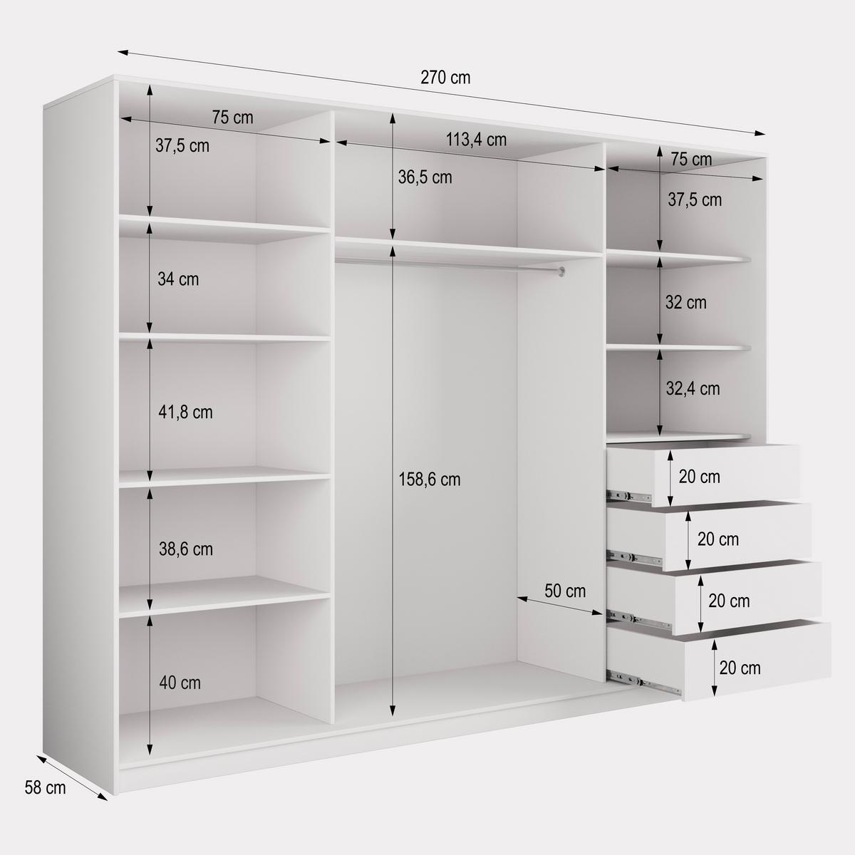 SCHWEBETÜRENSCHRANK PINA 270/205/58 cm 3-türig mit Spiegel und 4 Schubladen Eichefarben - Eichefarben, Holzwerkstoff (270/205/58cm) - MASSENO