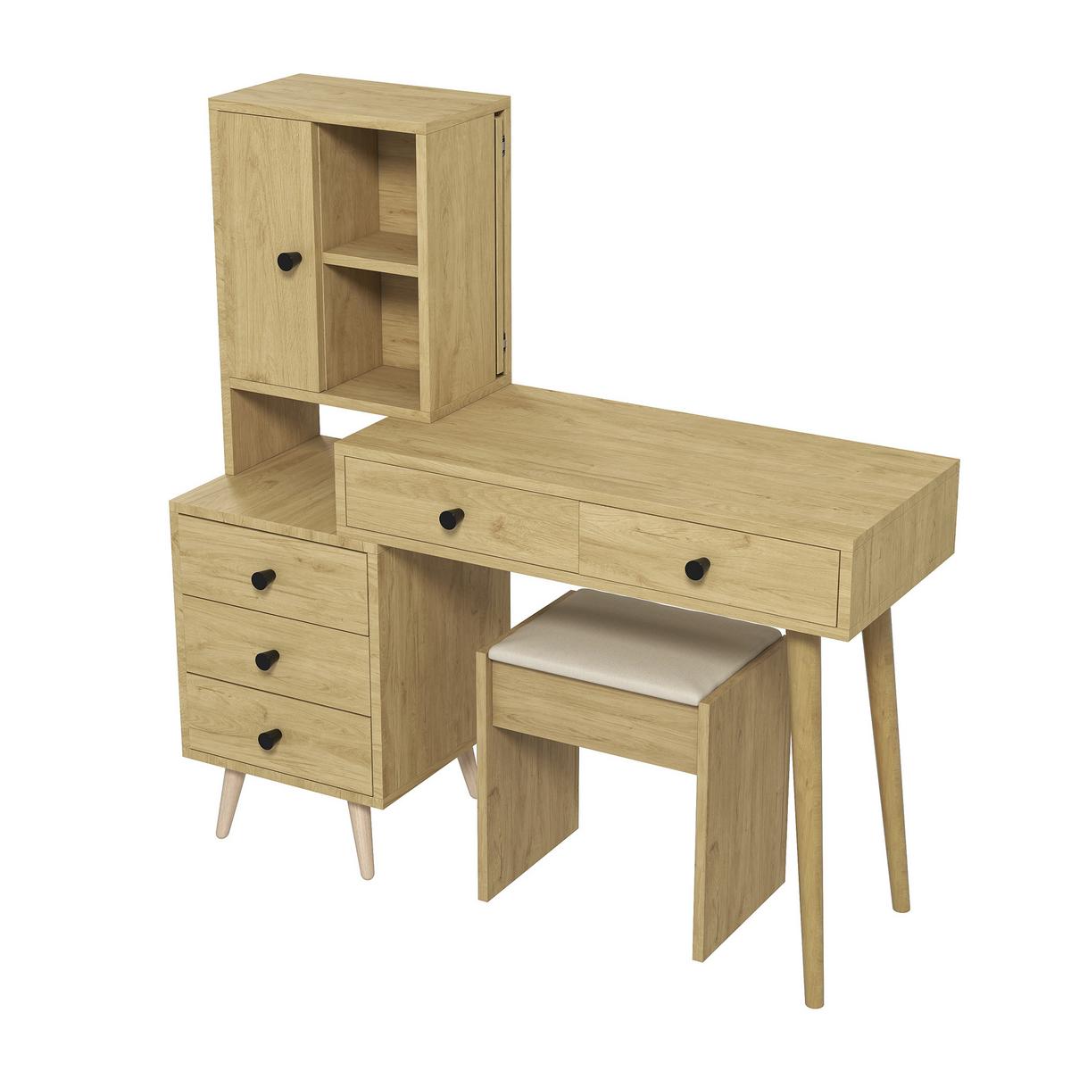 SCHMINKTISCH mit Hocker Naturholzoptik mit versenkbarem Spiegel, 5 Schubladen - Naturfarben, Holzwerkstoff (123/120/40cm) - Urban Meuble