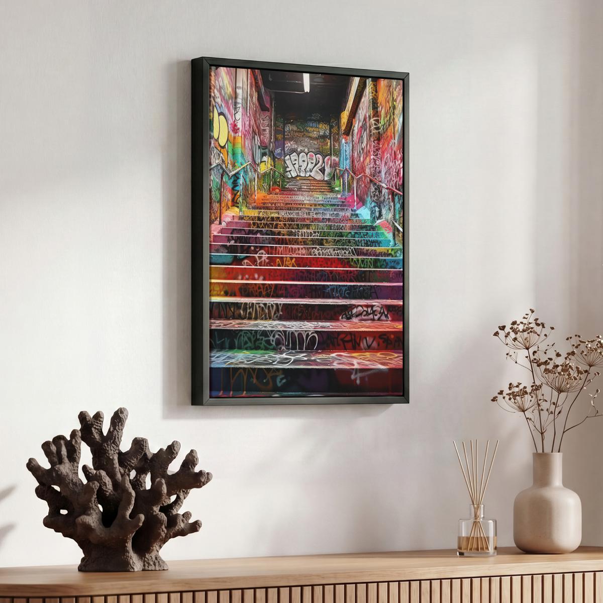 LEINWAND Bilder mit Rahmen - Treppe - Graffiti - Farben - Kunst - 30x40 - Multicolor, Textil (30/40cm) - MuchoWow