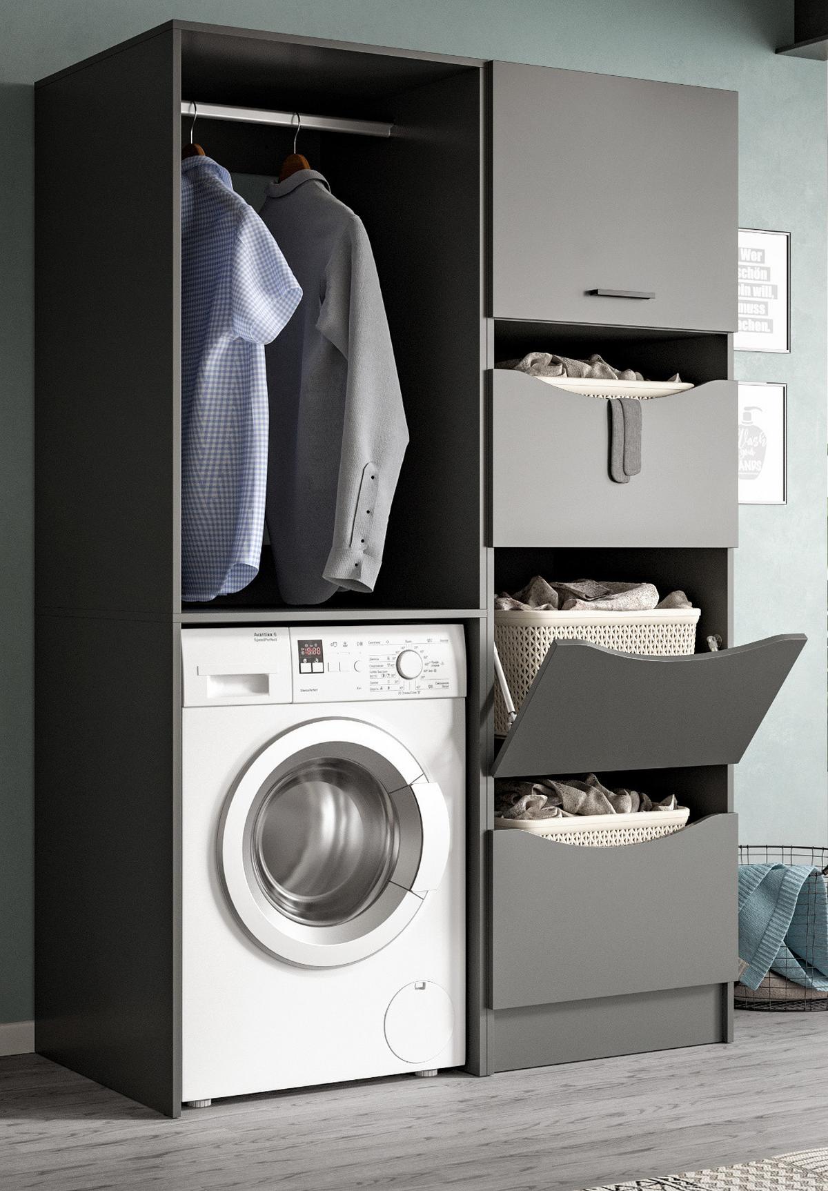 WASCHMASCHINENSCHRANK grau Set 2-teilig 126 x 196 cm, Waschmaschinenumbau mit Wäschefächern - Schwarz/Grau, Holzwerkstoff/Kunststoff (126/196/68cm) - Inn.Furn