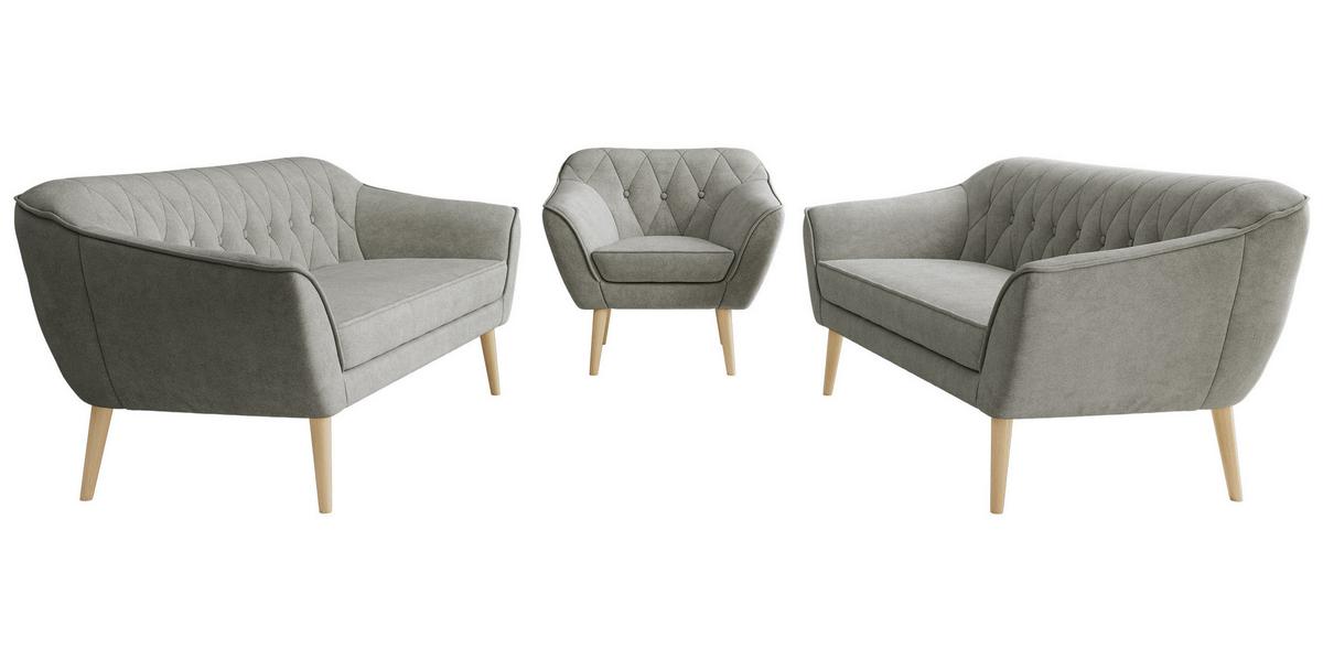SITZGARNITUR PIRS 3+3+1 - Grau Strukture - Holzbeine - Platinfarben/Buchefarben, Holzwerkstoff/Textil (180/75/74cm) - MKS
