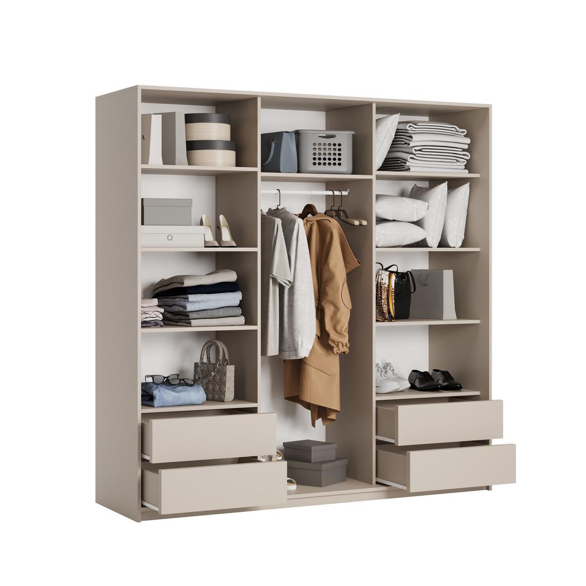 SCHWEBETÜRENSCHRANK VARO 180/205/60 cm 3-türig mit Spiegel und Schubladen Kaschmir - Kaschmir/Nickelfarben, Holzwerkstoff (180/205/60cm) - MASSENO