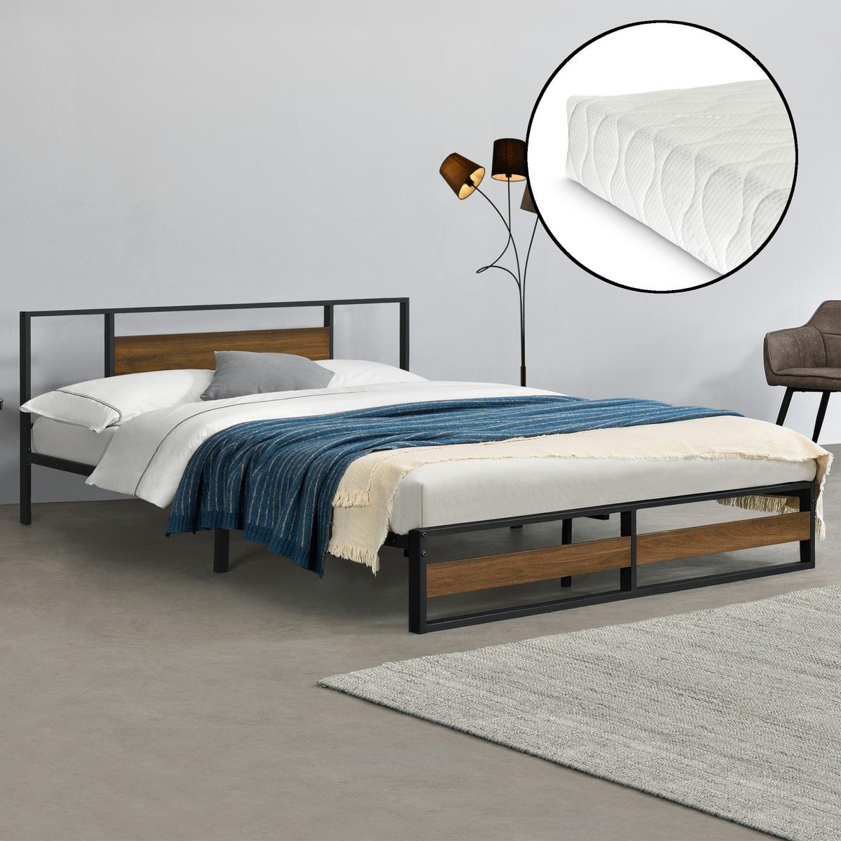 METALLBETT Villach mit Matratze - Schwarz, Textil/Metall (180/200cm) - [en.casa]