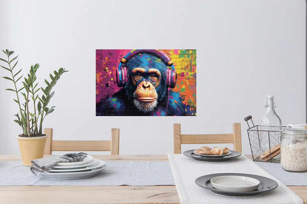 WANDTATTOO Graffiti - Schimpanse - Straßenkunst - Kopfhörer - Affe Deko Wohnzimmer 60x40 cm - Blau, Kunststoff (60/40/0.1cm) - MuchoWow
