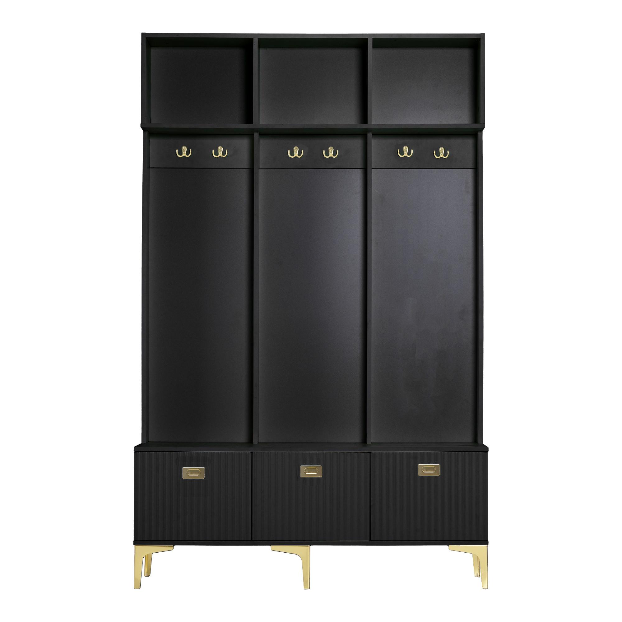 GARDEROBEN schwarz & gold, mit sitzbank und 6 haken - Schwarz, Holzwerkstoff (120/191/40cm) - Urban Meuble