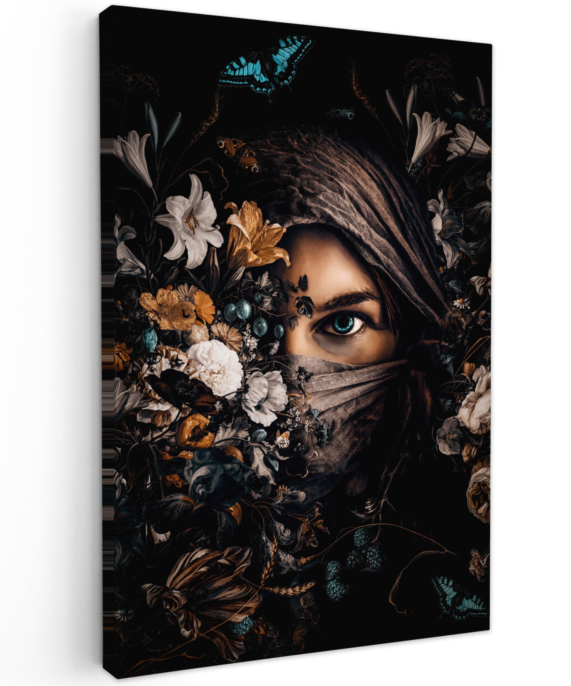 LEINWANDBILD Frau - Luxus - Blumen - Schmetterling - Porträt Deko XXL 80x120 cm - Schwarz, Textil (80/120cm) - MuchoWow