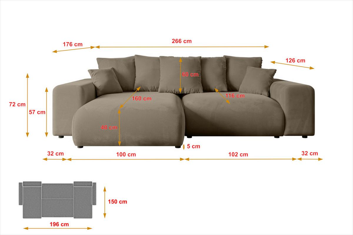 ECKSOFA Ottomane links ESKAR-L 266x176x72 Braun Velours - Schwarz/Braun, Holzwerkstoff/Kunststoff (266/176cm) - ALTDECOR