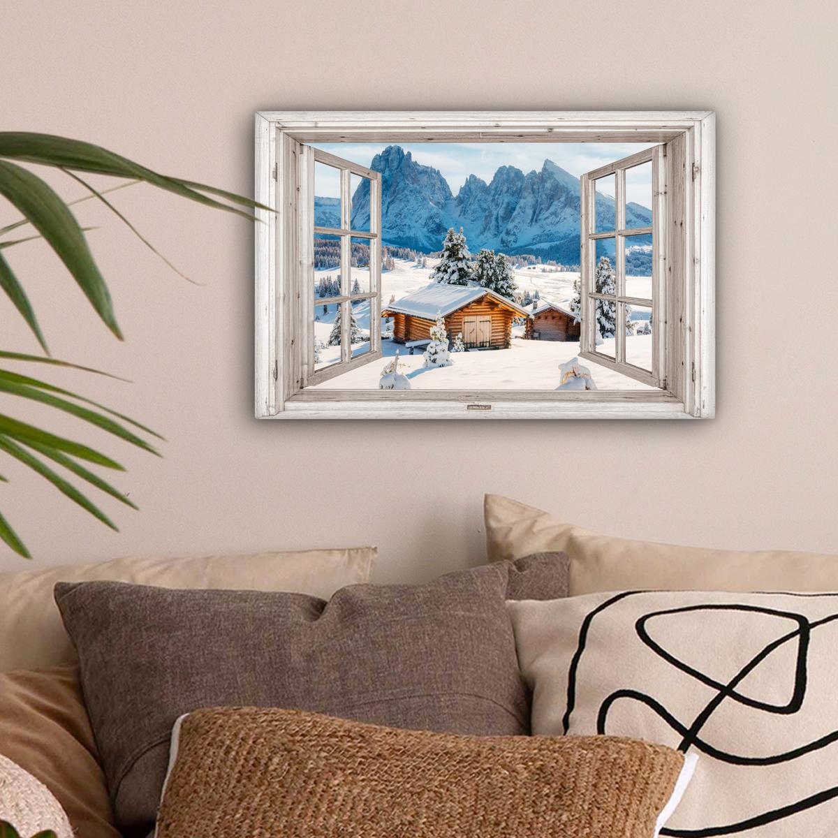 LEINWANDBILD Winterlandschaft - Hütte - Berge - Ausblicke - Aussicht - Natur Deko Schlafzimmer 30x20 cm - Weiß Hochglanz, Textil (30/20cm) - MuchoWow