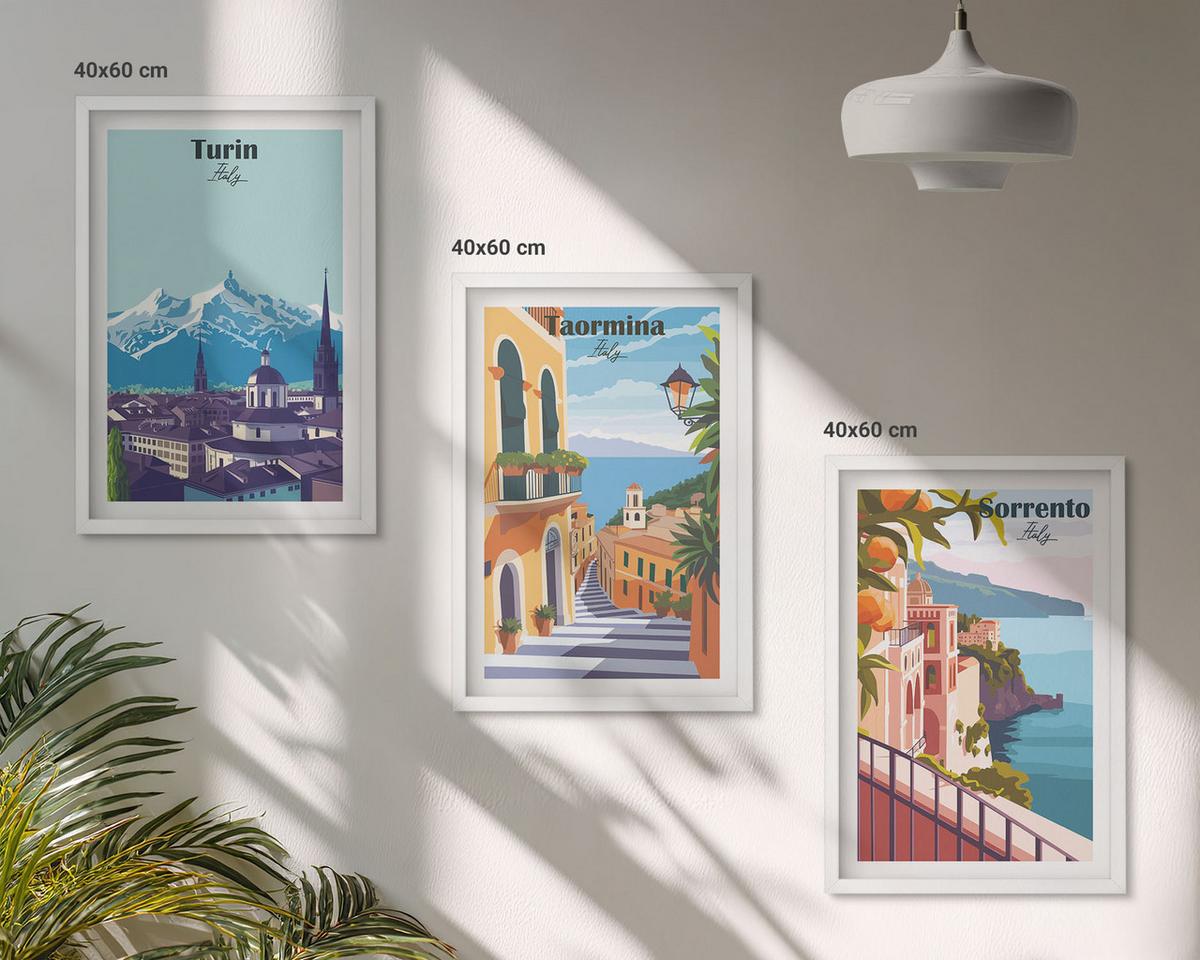 BILDER SET 3er Set - 40x60 cm Weißer Rahmen - Farbenfrohe Retro-Stadtansichten - Weiß, Kunststoff (40/60cm) - TULUP