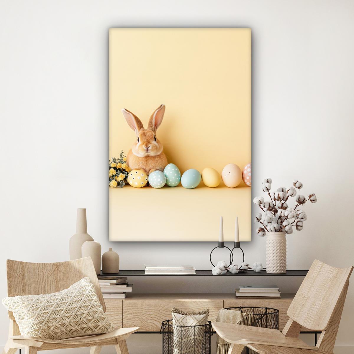 LEINWANDBILD Eier - Kaninchen - Pastellfarbtöne Deko XXL 80x120 cm - Hellgelb, Textil (80/120cm) - MuchoWow