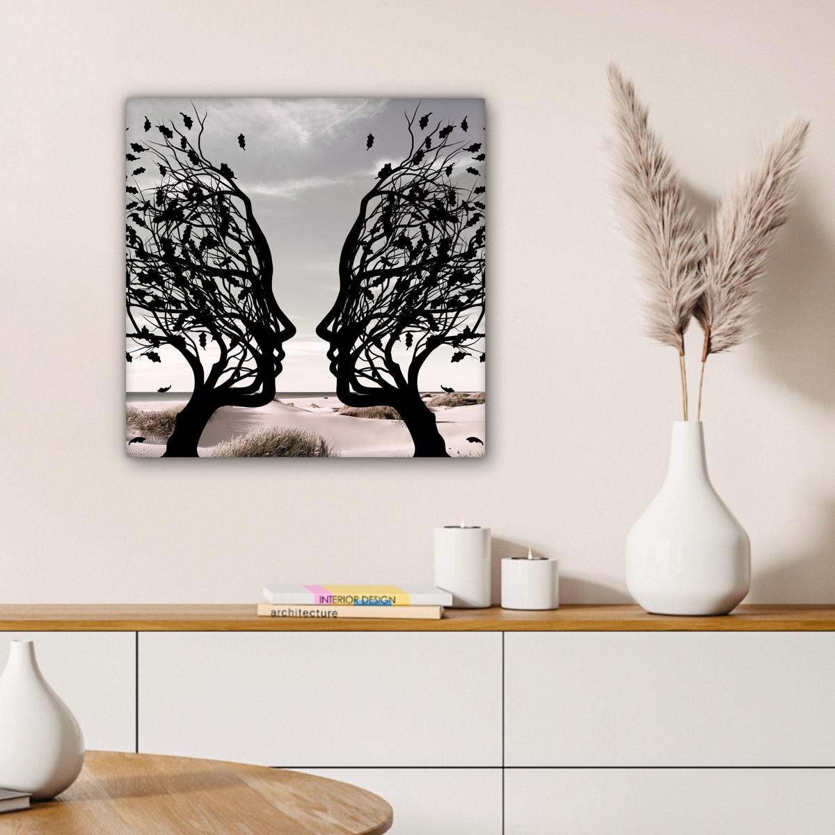 LEINWANDBILD Strand - Meer - Menschen - Baum - Moderne Kunst Wandbild Wohnzimmer 50x50 cm - Hellgrau, Textil (50/50cm) - MuchoWow