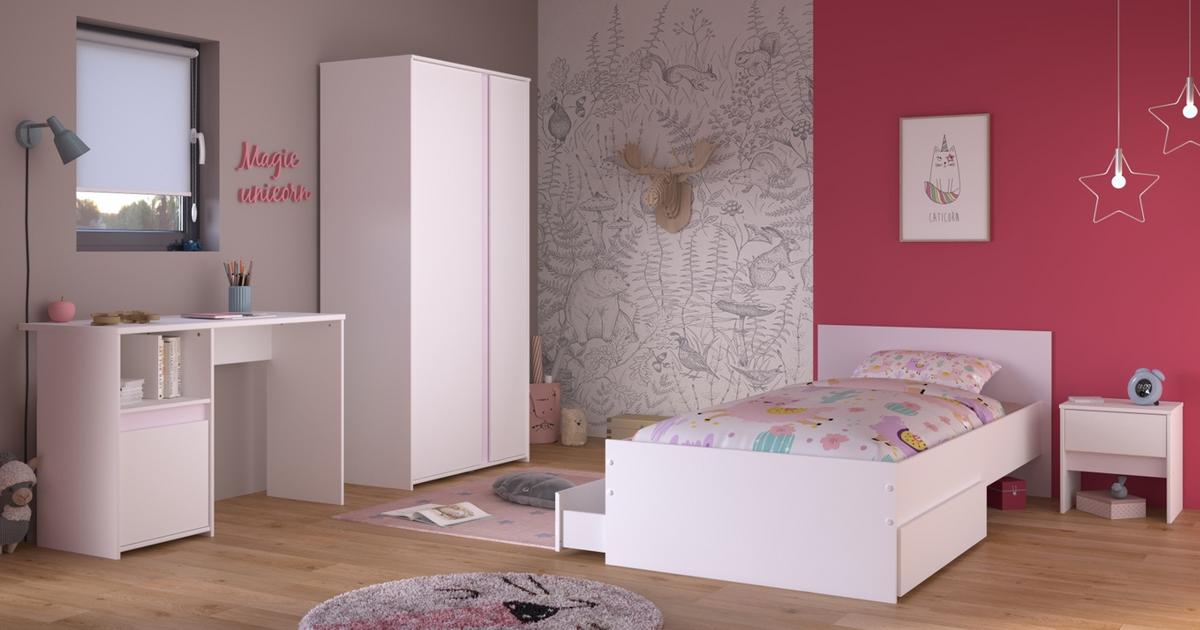 KINDERZIMMER weiß, grau oder rosa, Komplett-Set 4-teilig mit Kleiderschrank, Schreibtisch, Bett 90x200 - Weiß, Holzwerkstoff (100/182/203cm) - Parisot Meuble