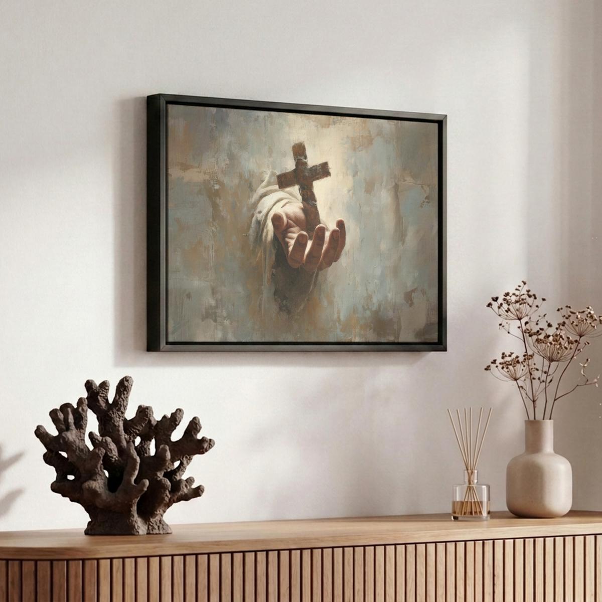 LEINWAND Bilder mit Rahmen - Abstrakt - Kreuz - Hand - Christentum - 30x20 - Hellbraun, Textil (30/20cm) - MuchoWow