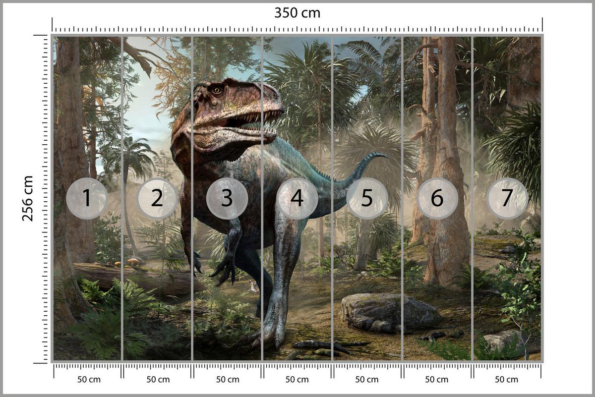 FOTOTAPETE für Jugendzimmer Realistischer Dinosaurier Dschungel Palmen 350x256 - Beige/Schwarz, Papier (350/256cm) - Muralo