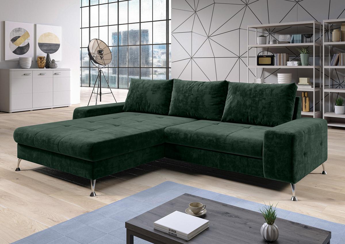 ECKSOFA L Form Artemia Grün Samt 275/192/81 cm – modernes Sofa fürs Wohnzimmer L - Silberfarben/Grün, Textil/Metall (192/275cm) - AX Living