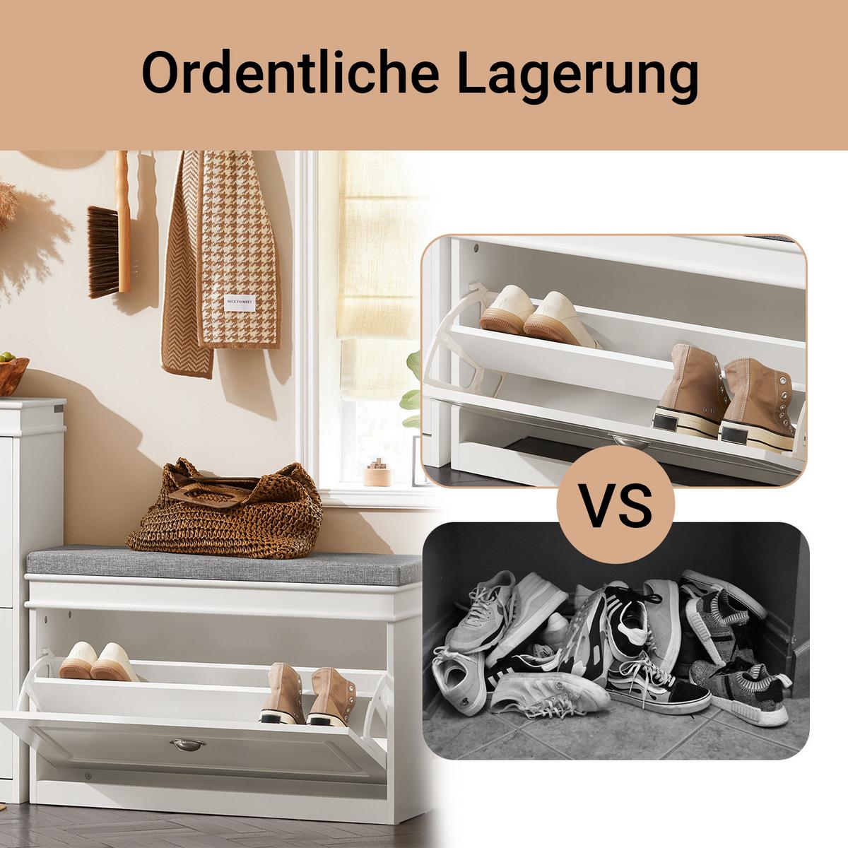 SCHUHBANK mit Sitzkissen und Klappe, Weiß 75x51x24cm - Weiß, Holzwerkstoff (75/51/24cm) - SoBuy