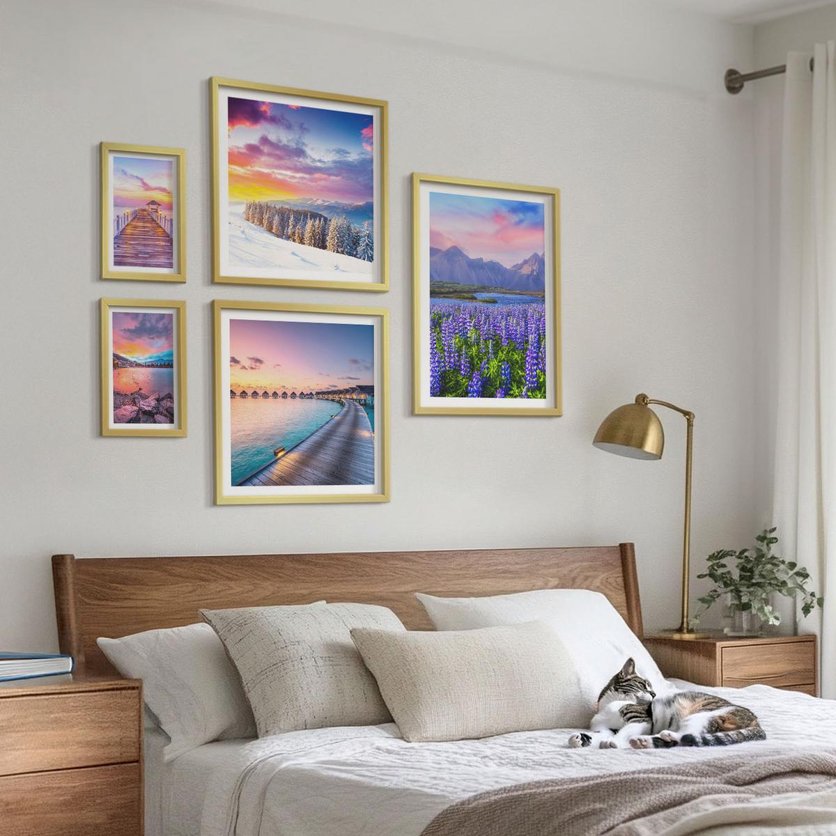 BILDER SET 5er Set - 50x50 cm & 20x30 cm & 40x60 cm Goldrahmen - Winterlandschaft des Pierbergs - Goldfarben, Kunststoff (40/60cm) - TULUP