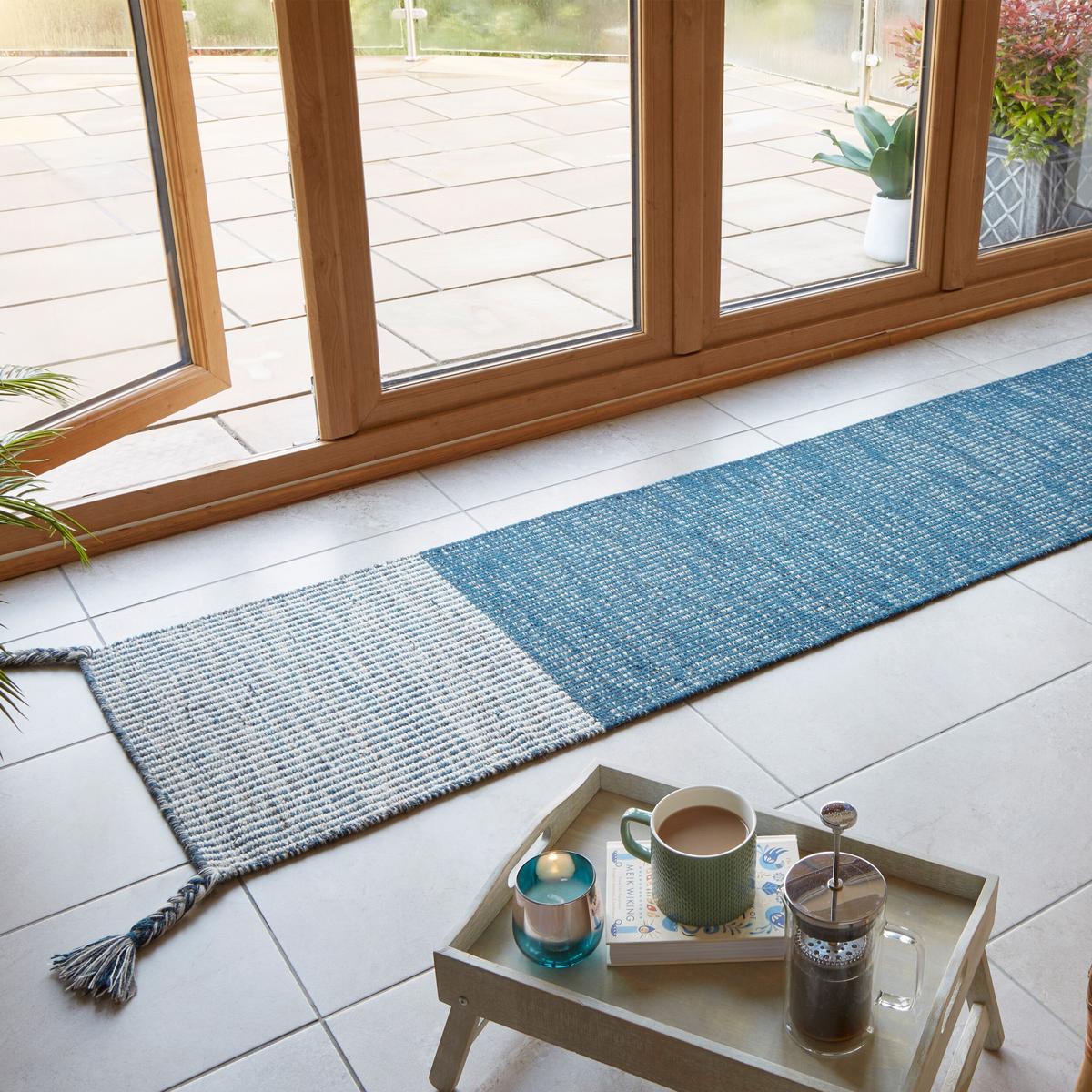 WOLLTEPPICH handgewebt mit Fransen BALA, gestreift, Blau, 60 x 200 cm - Blau, Textil (200/60cm) - KADIMA DESIGN